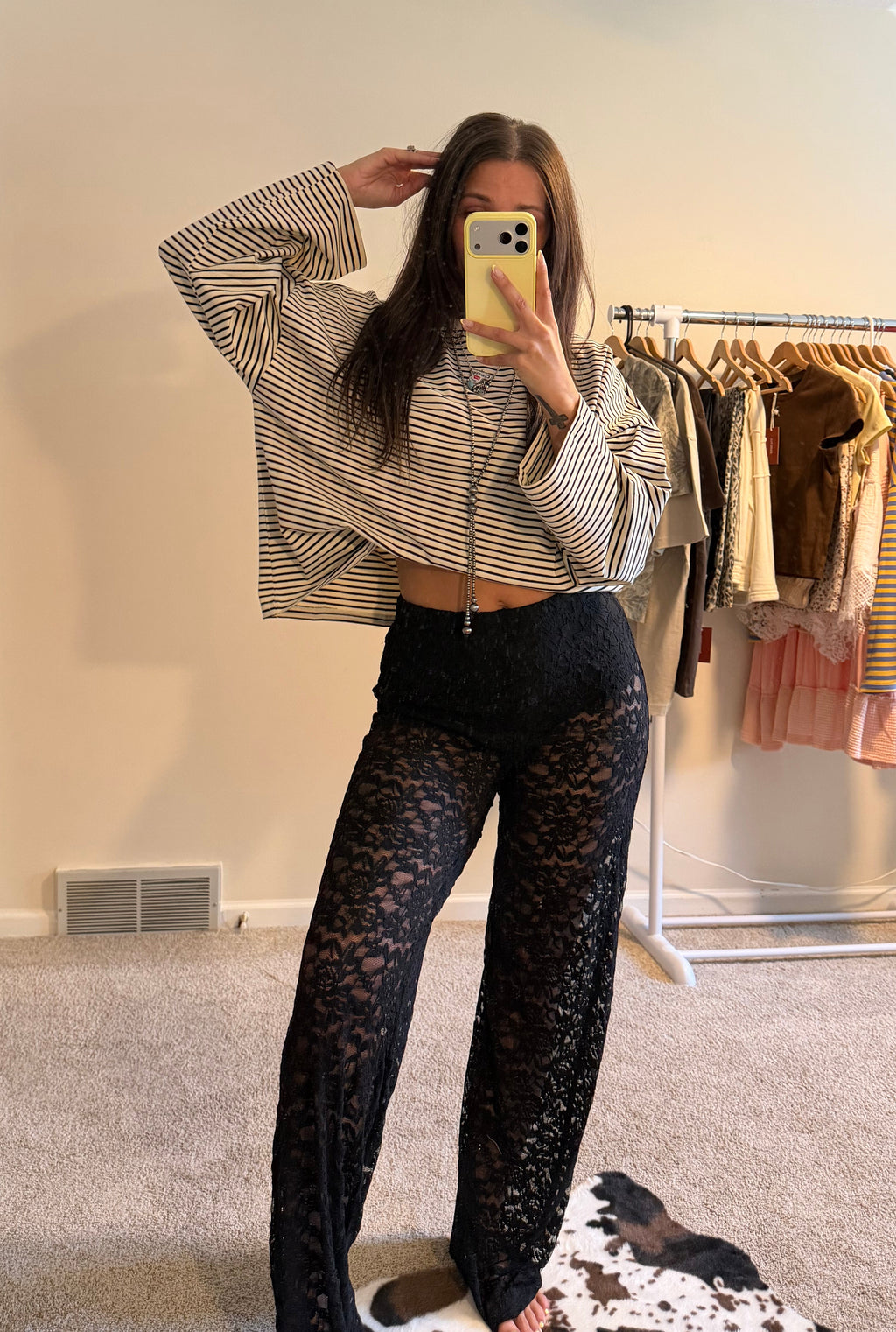 Sheer Lace Straight Leg Pants with Lining