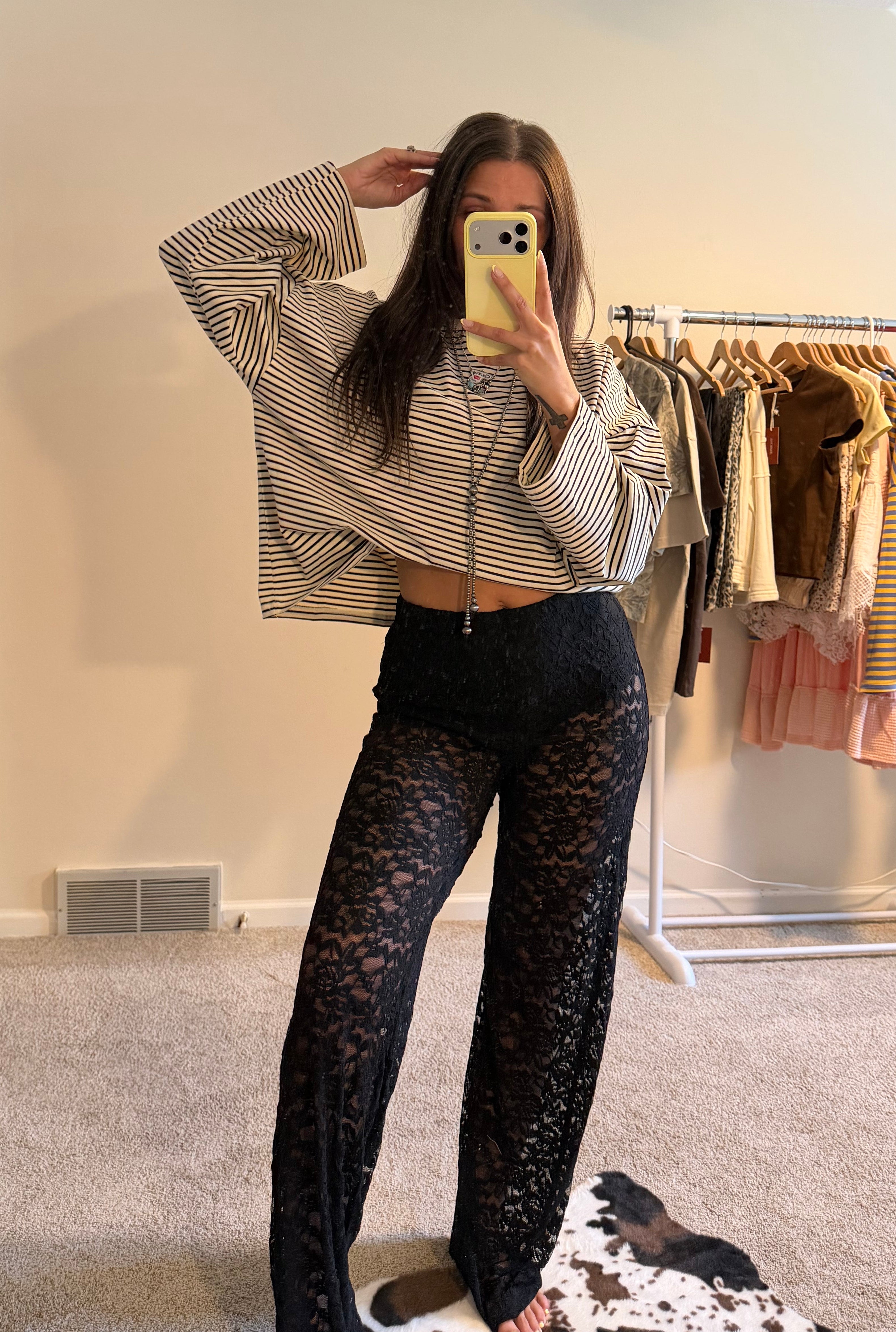 Sheer Lace Straight Leg Pants with Lining