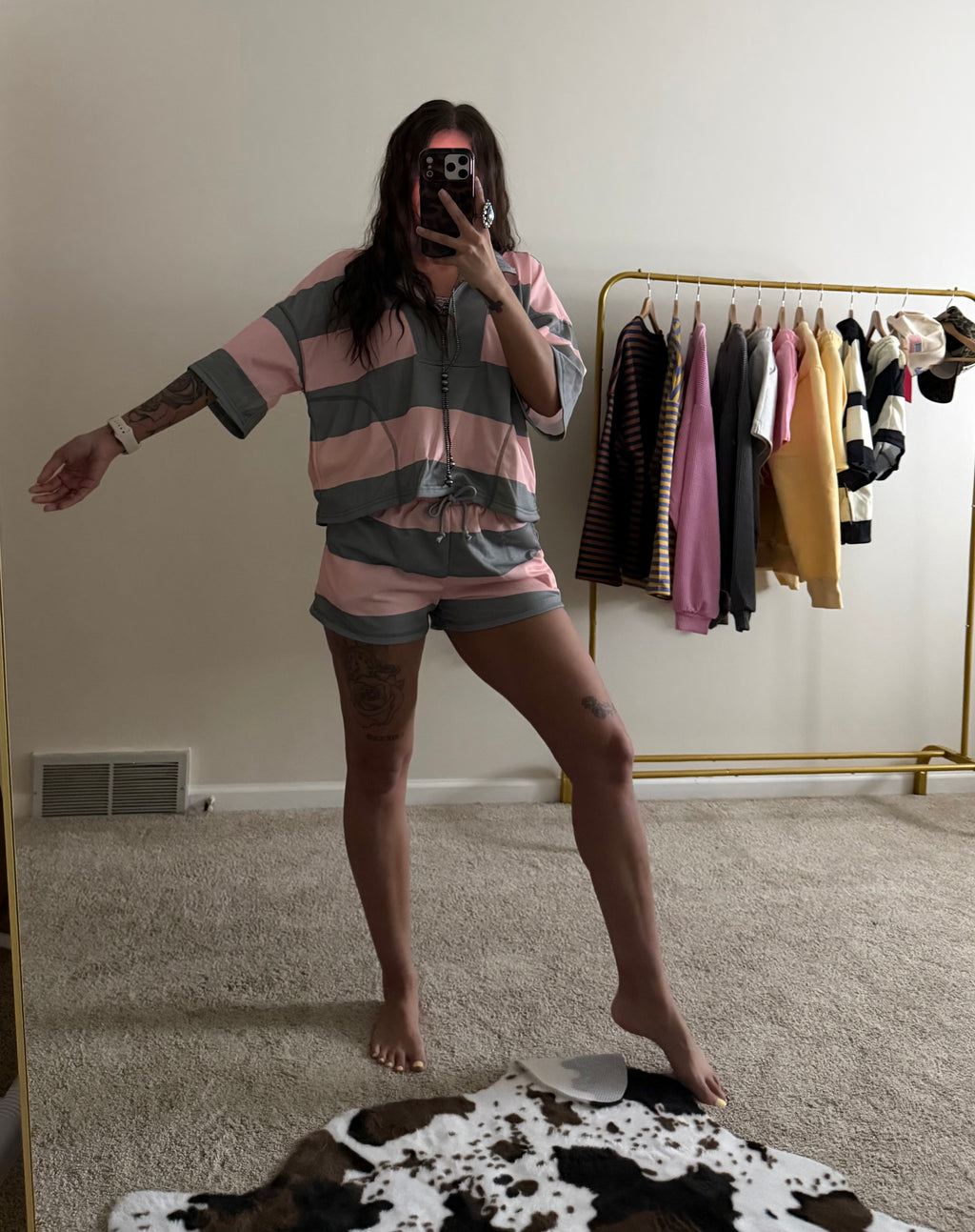 Vintage Striped Front-Zip Top & Shorts Set
