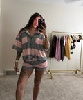 Vintage Striped Front-Zip Top & Shorts Set