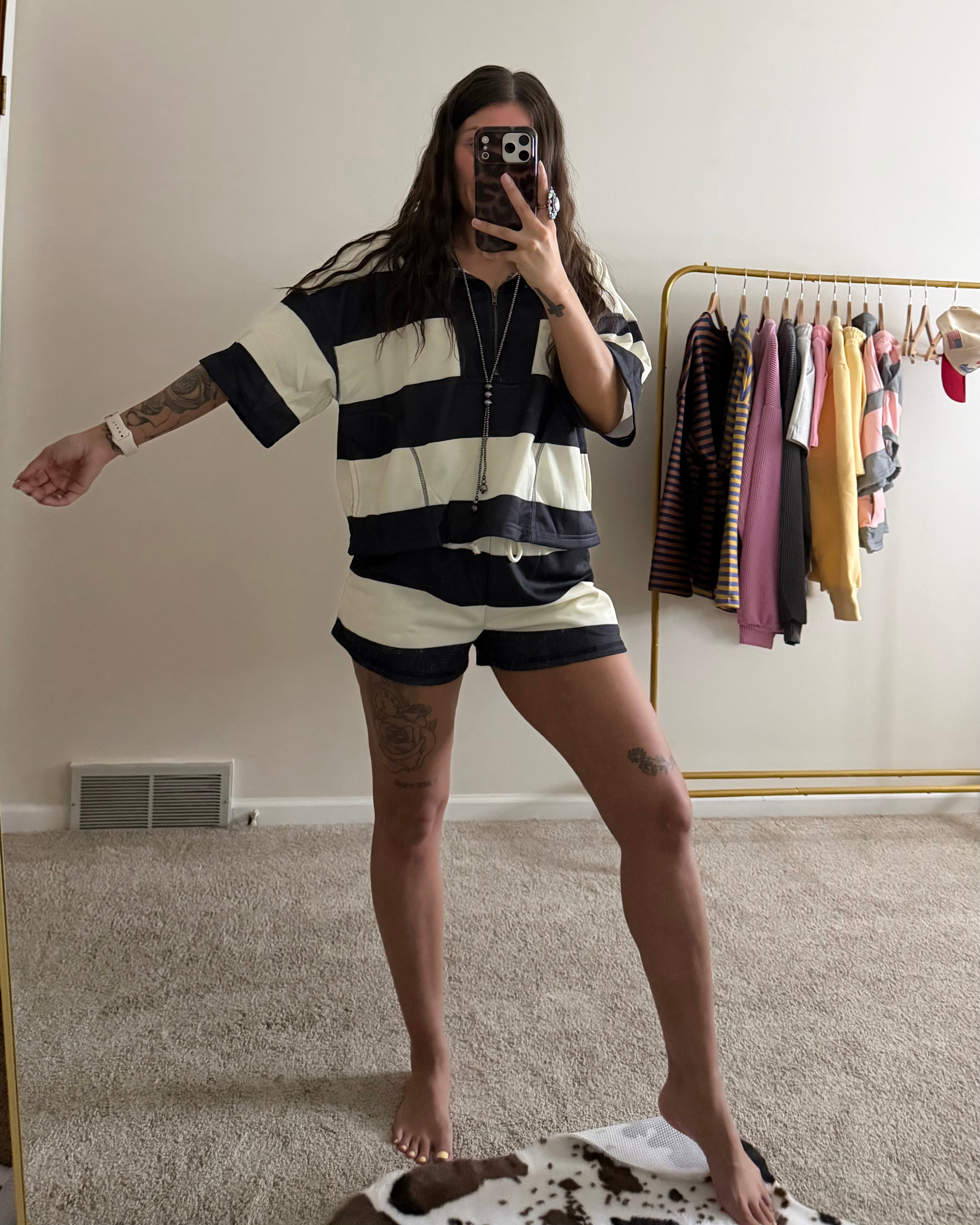 Vintage Striped Front-Zip Top & Shorts Set