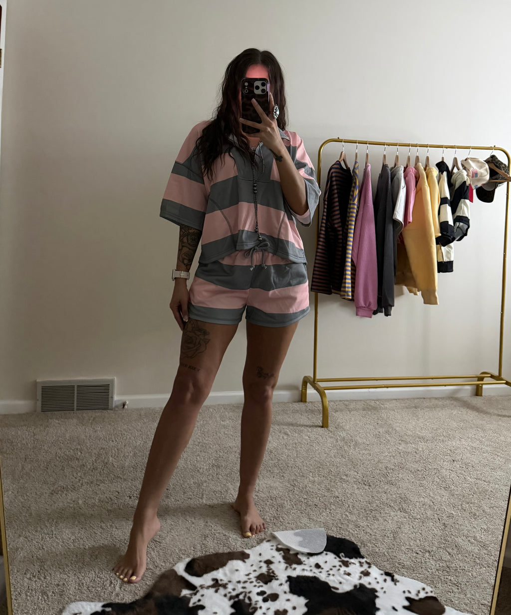 Vintage Striped Front-Zip Top & Shorts Set