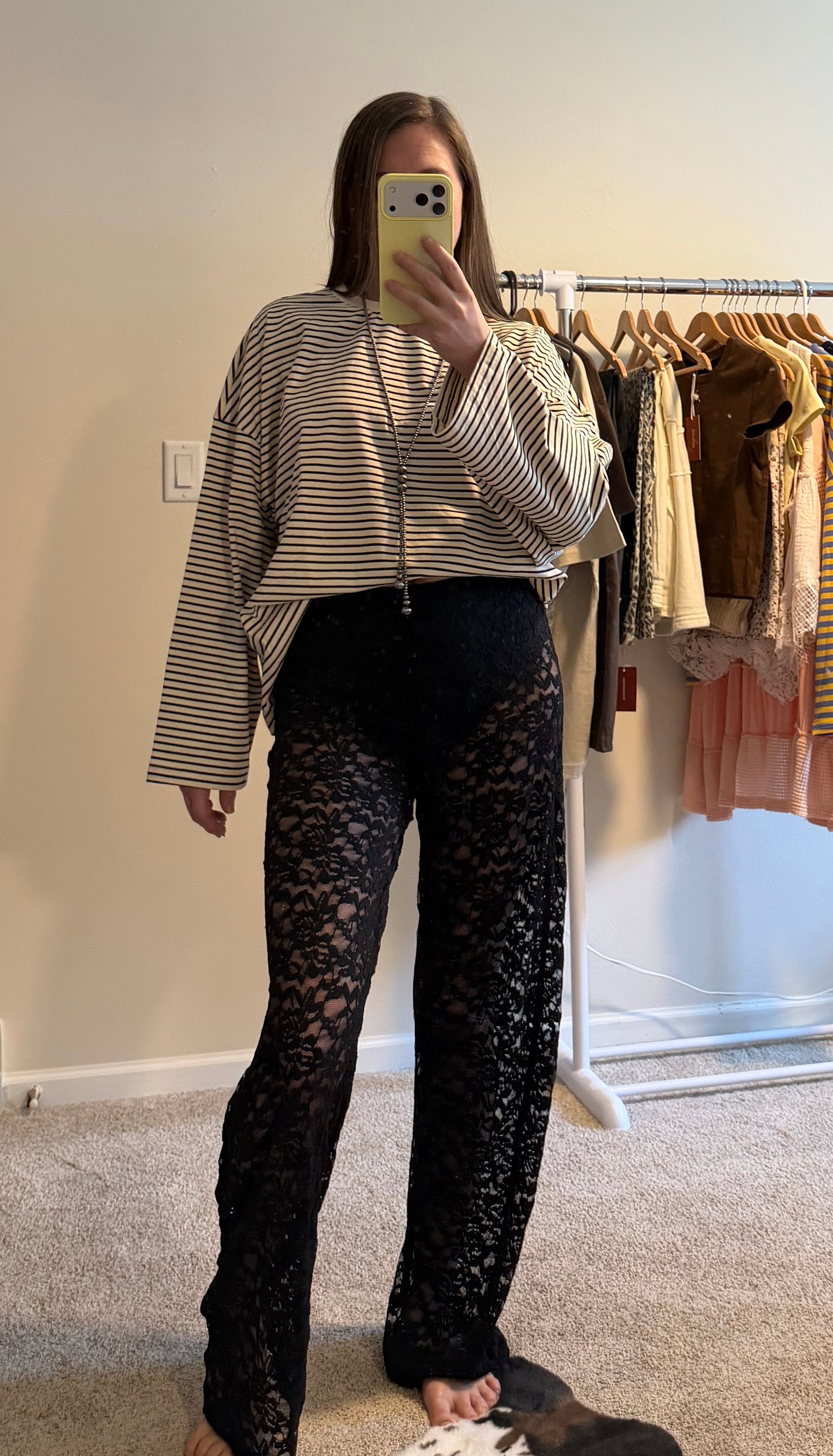 Sheer Lace Straight Leg Pants with Lining