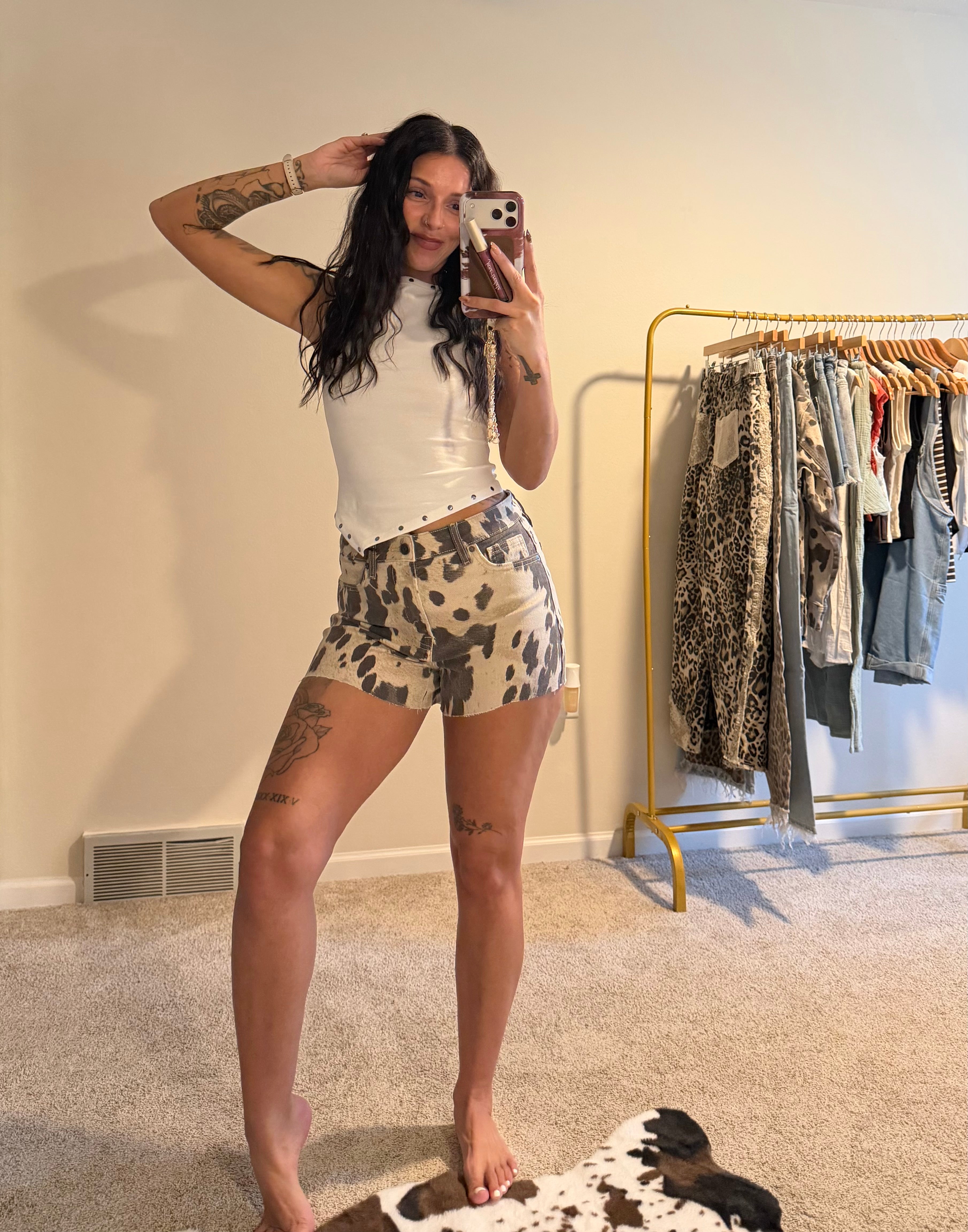 Hidden Jeans Wild West Cow Print Denim Shorts