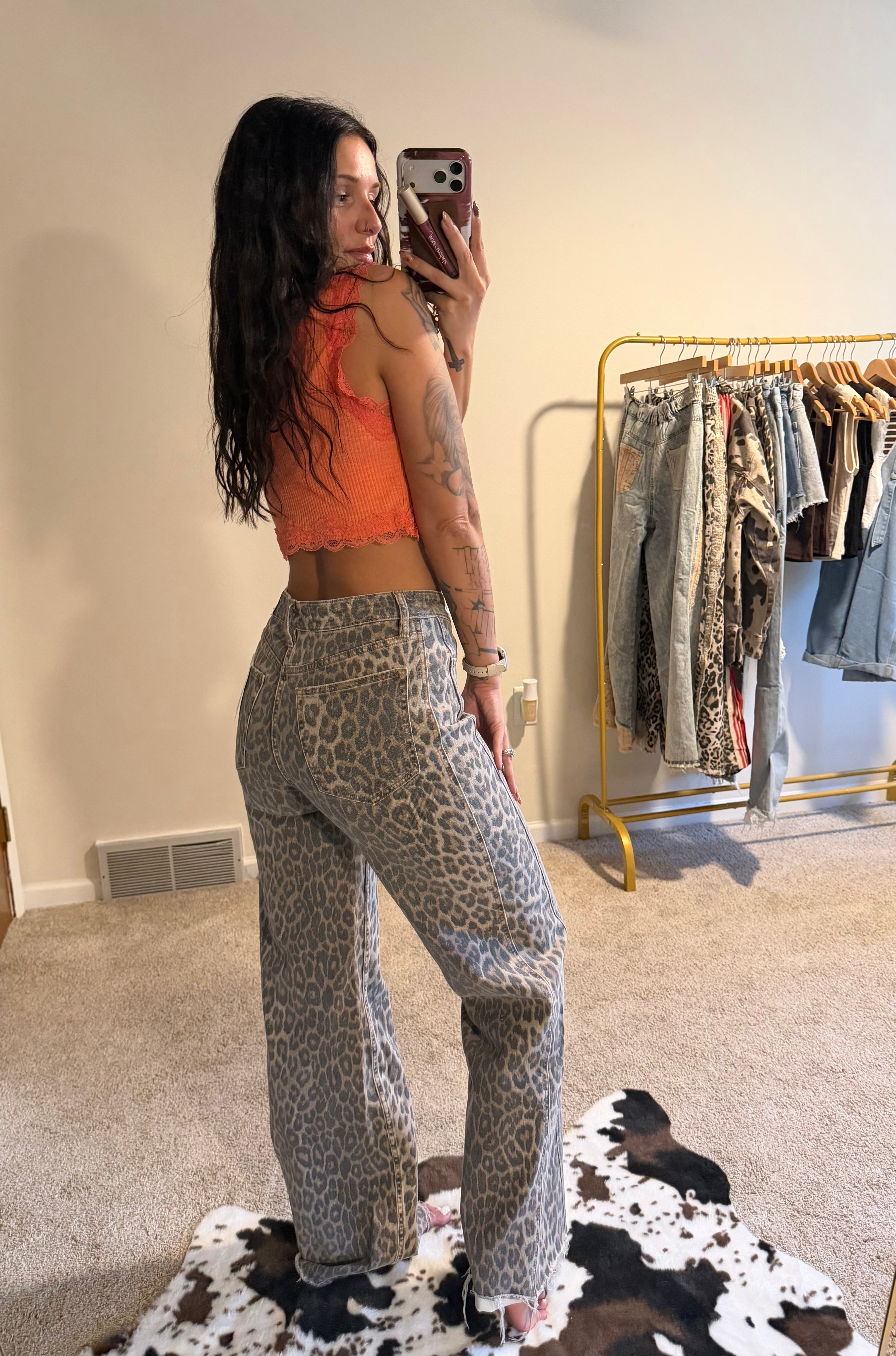 Flying Monkey Wild Side High Rise Leopard Wide Leg Jeans