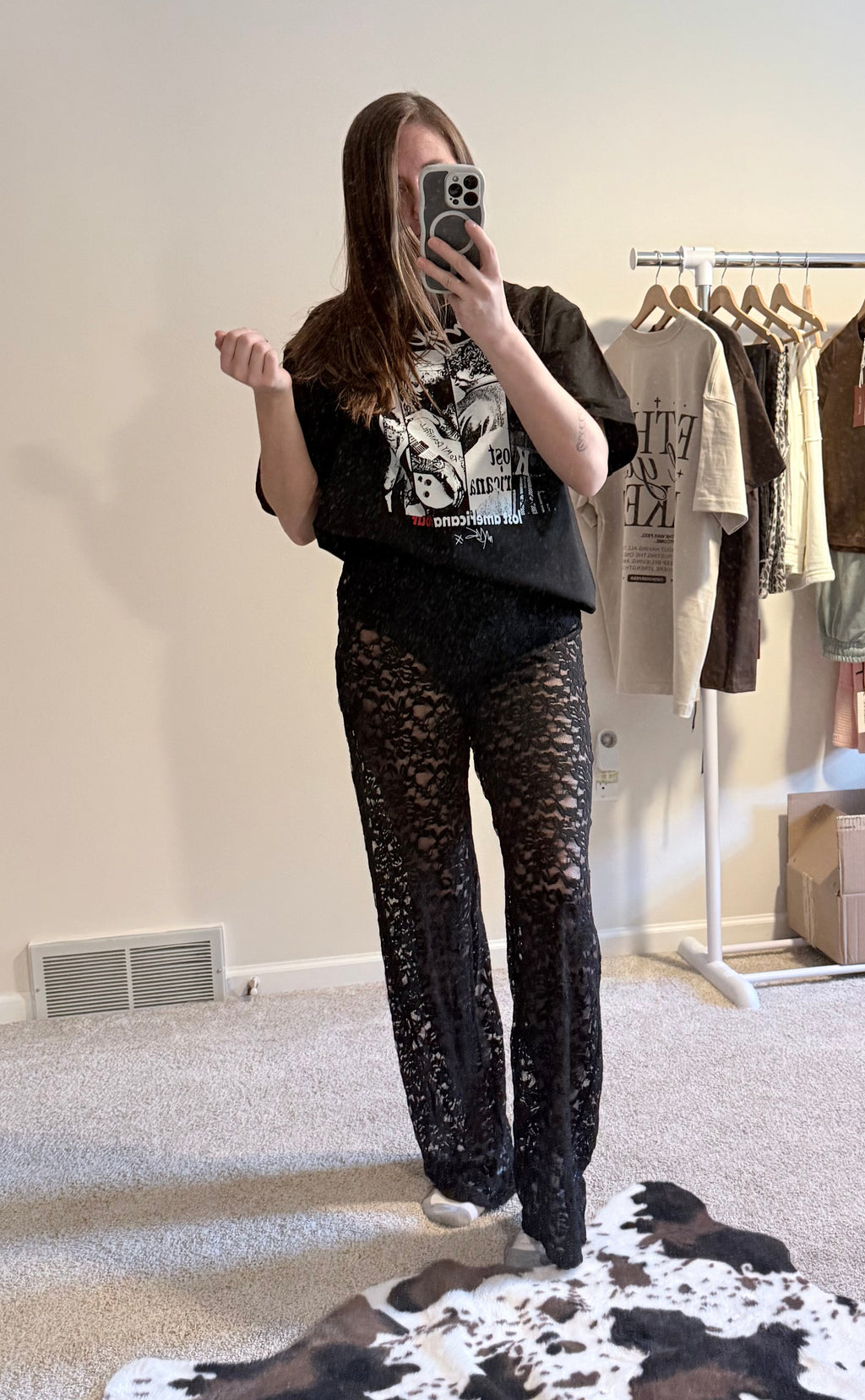 Sheer Lace Straight Leg Pants with Lining