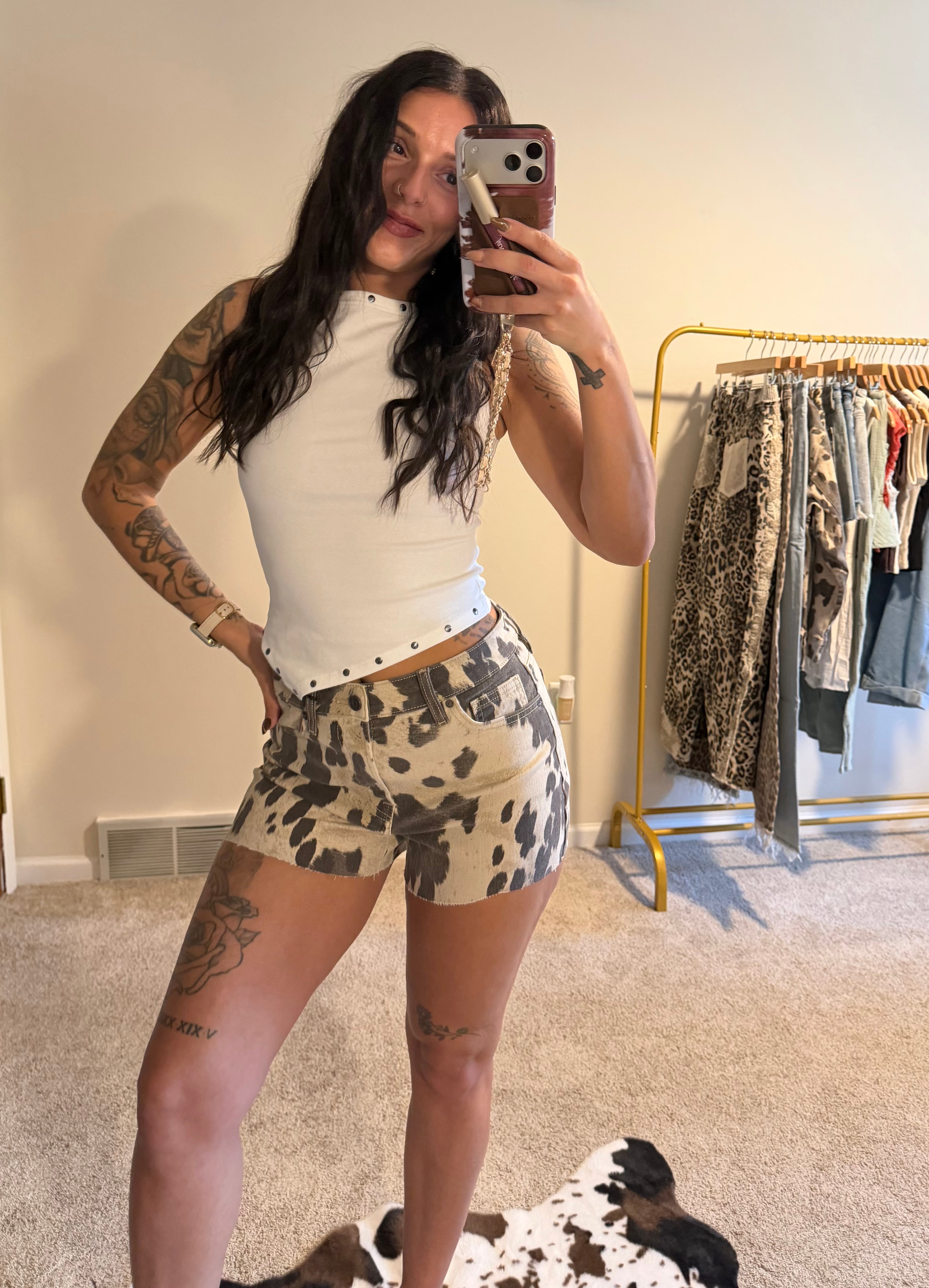 Hidden Jeans Wild West Cow Print Denim Shorts