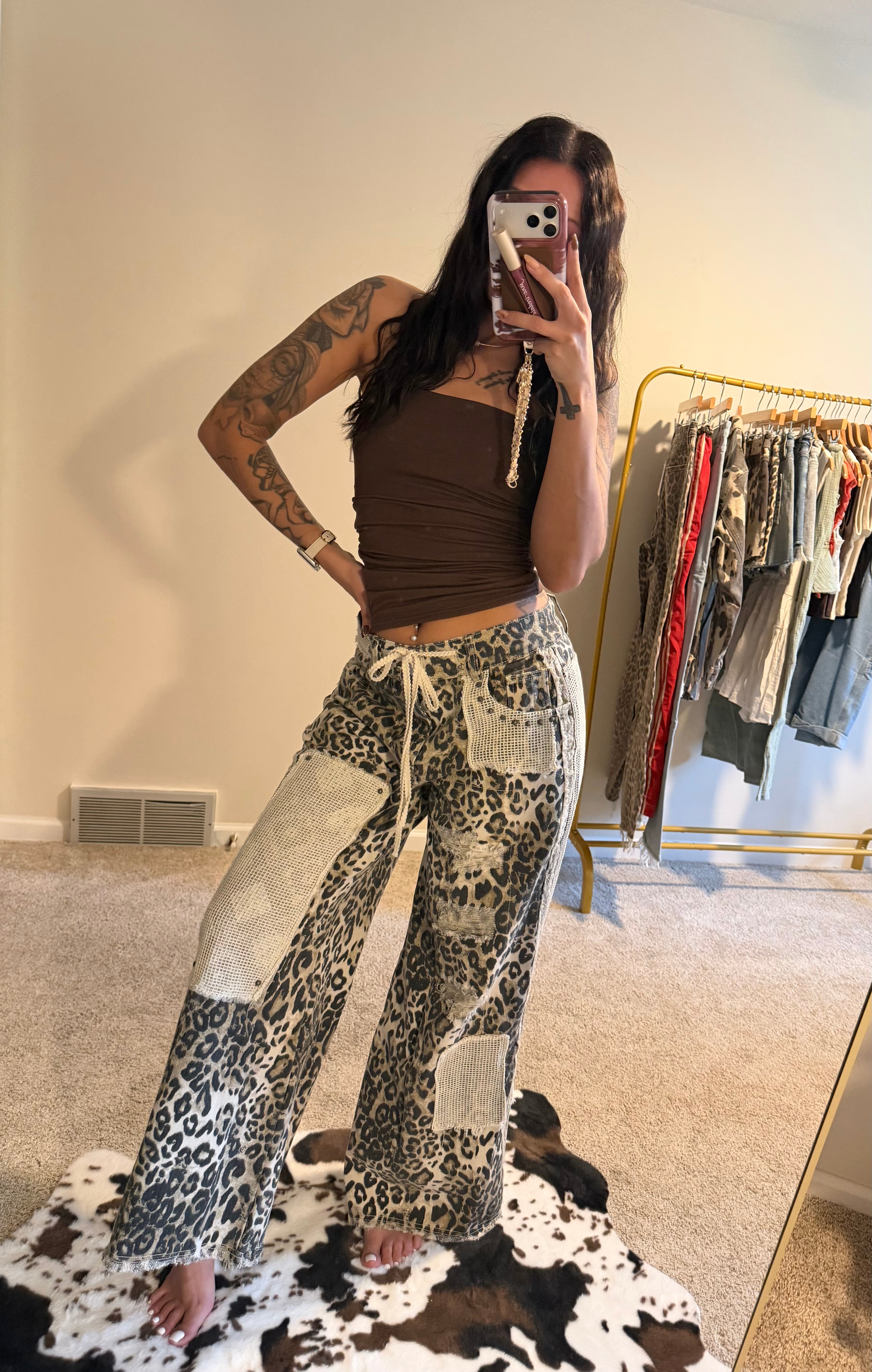 Stud Detail Leopard Print Patchwork Denim Wide-Leg Pants