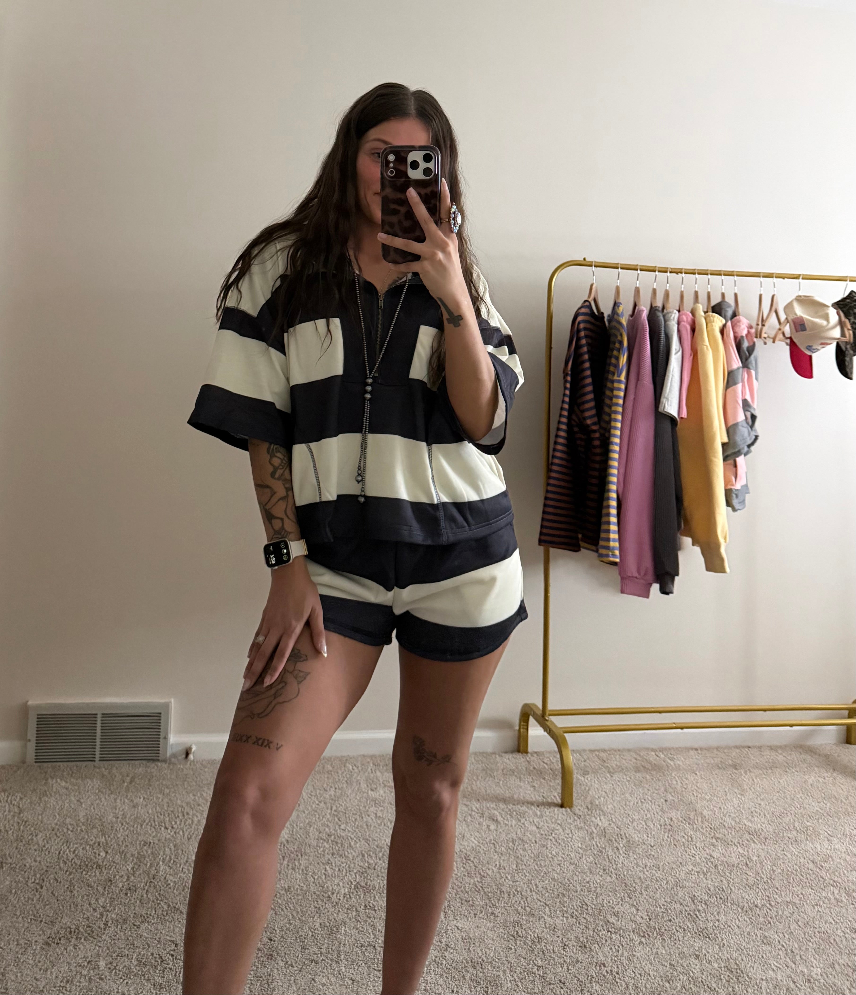 Vintage Striped Front-Zip Top & Shorts Set