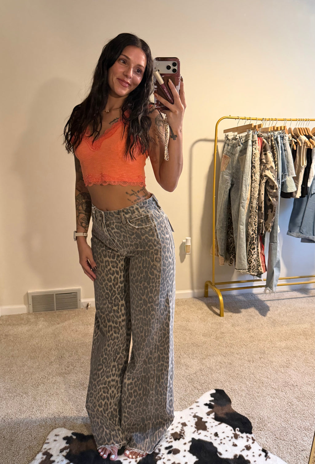 Flying Monkey Wild Side High Rise Leopard Wide Leg Jeans