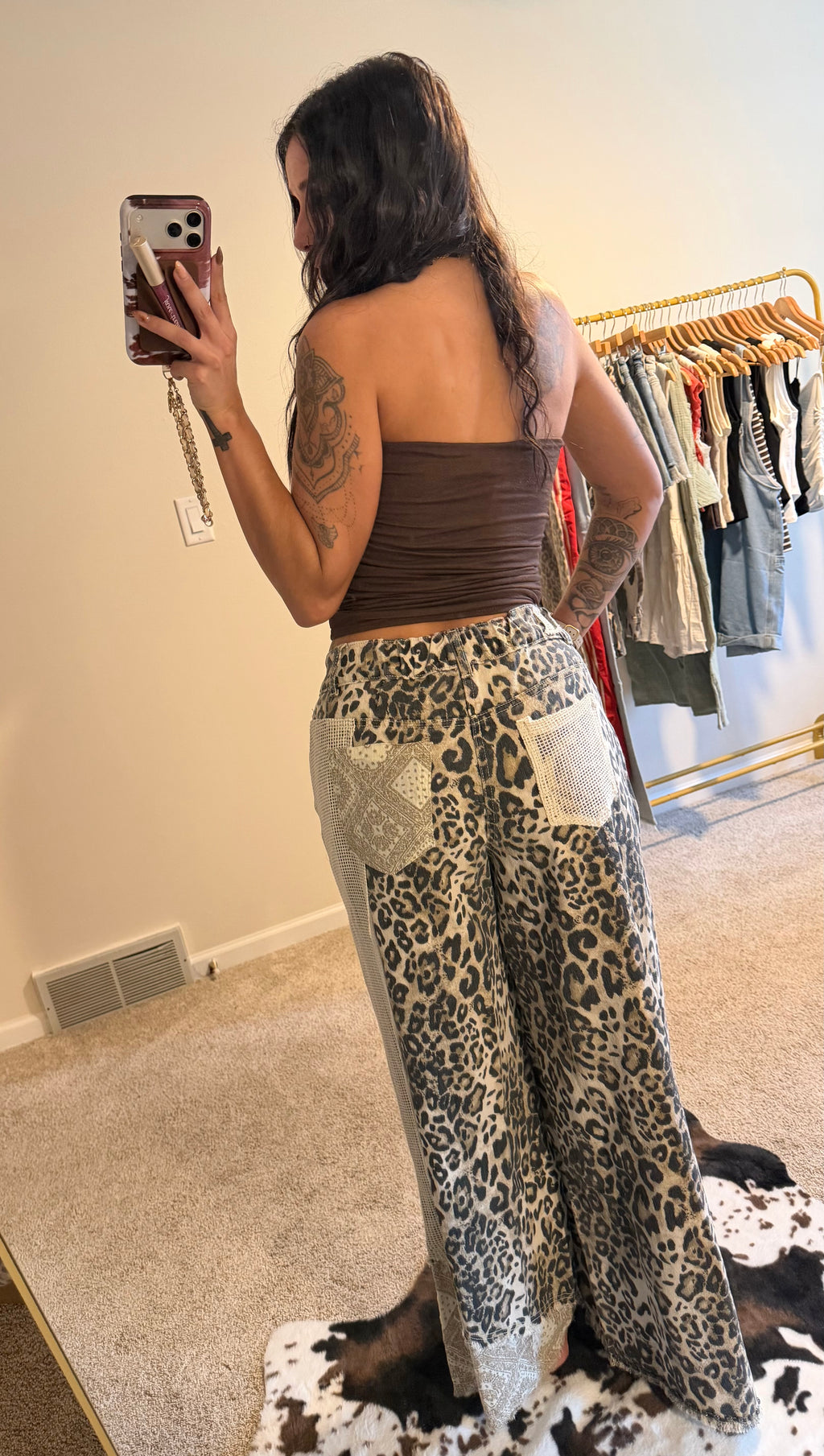 Stud Detail Leopard Print Patchwork Denim Wide-Leg Pants