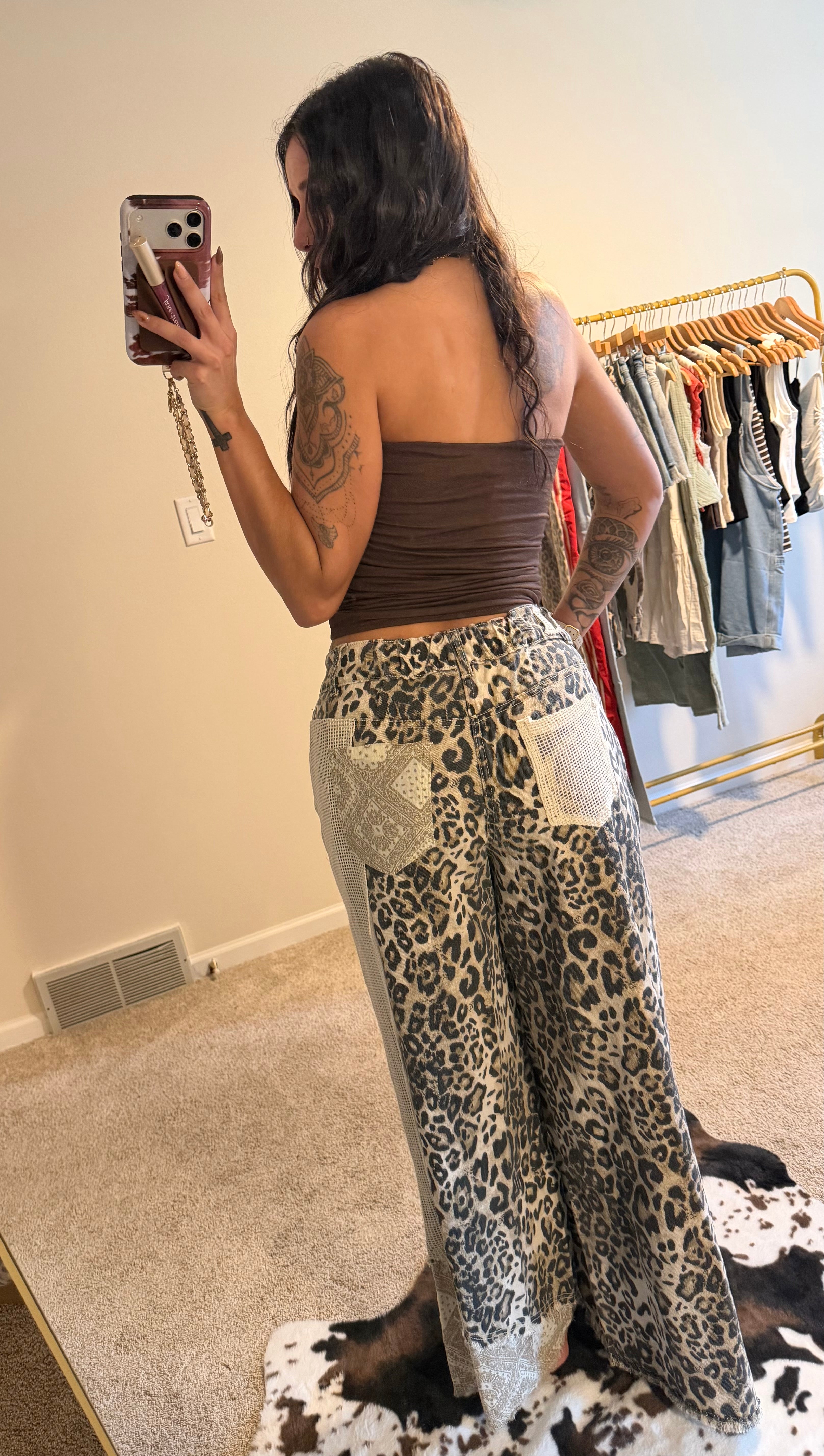 Stud Detail Leopard Print Patchwork Denim Wide-Leg Pants