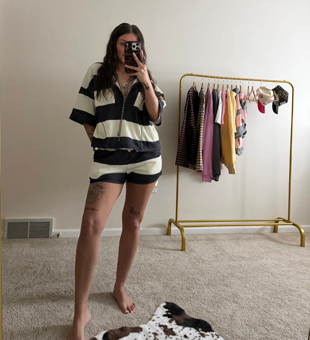 Vintage Striped Front-Zip Top & Shorts Set