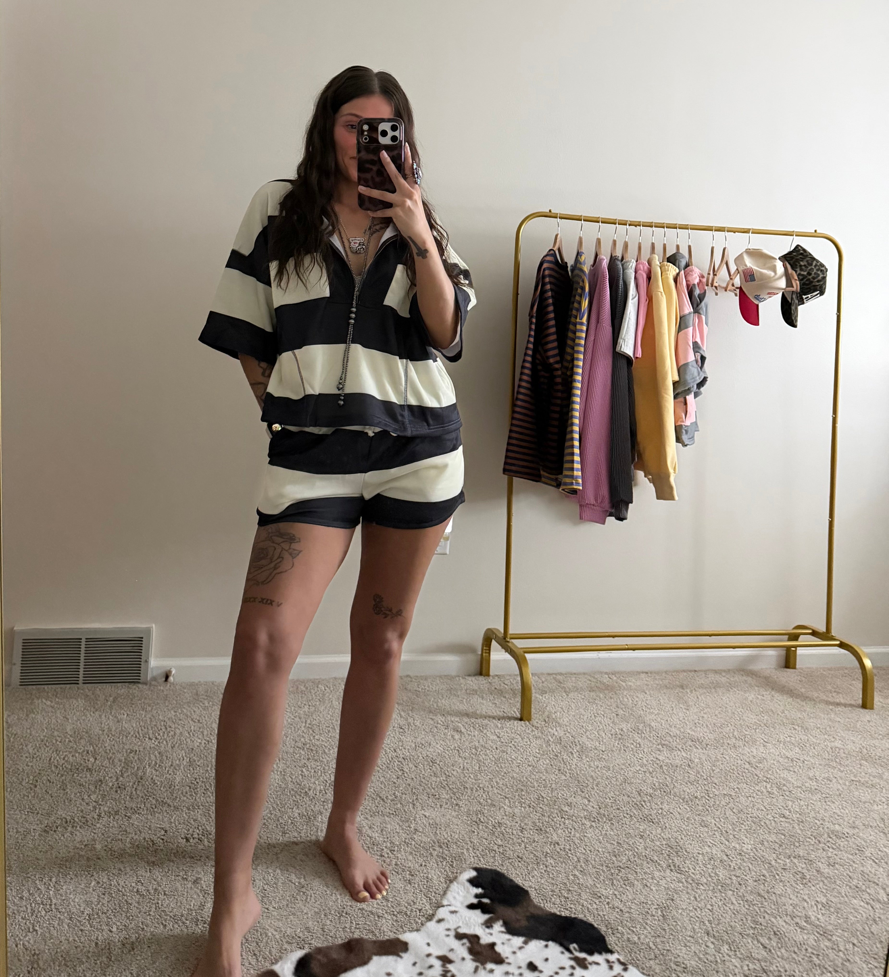 Vintage Striped Front-Zip Top & Shorts Set