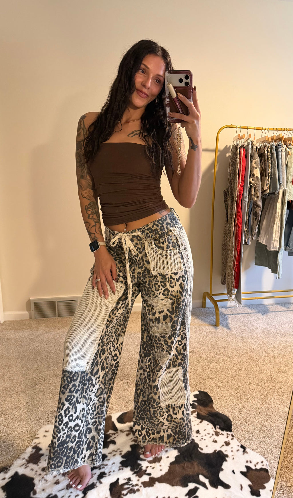 Stud Detail Leopard Print Patchwork Denim Wide-Leg Pants