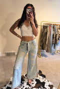 Stud Detail Woven Patchwork Denim Pants