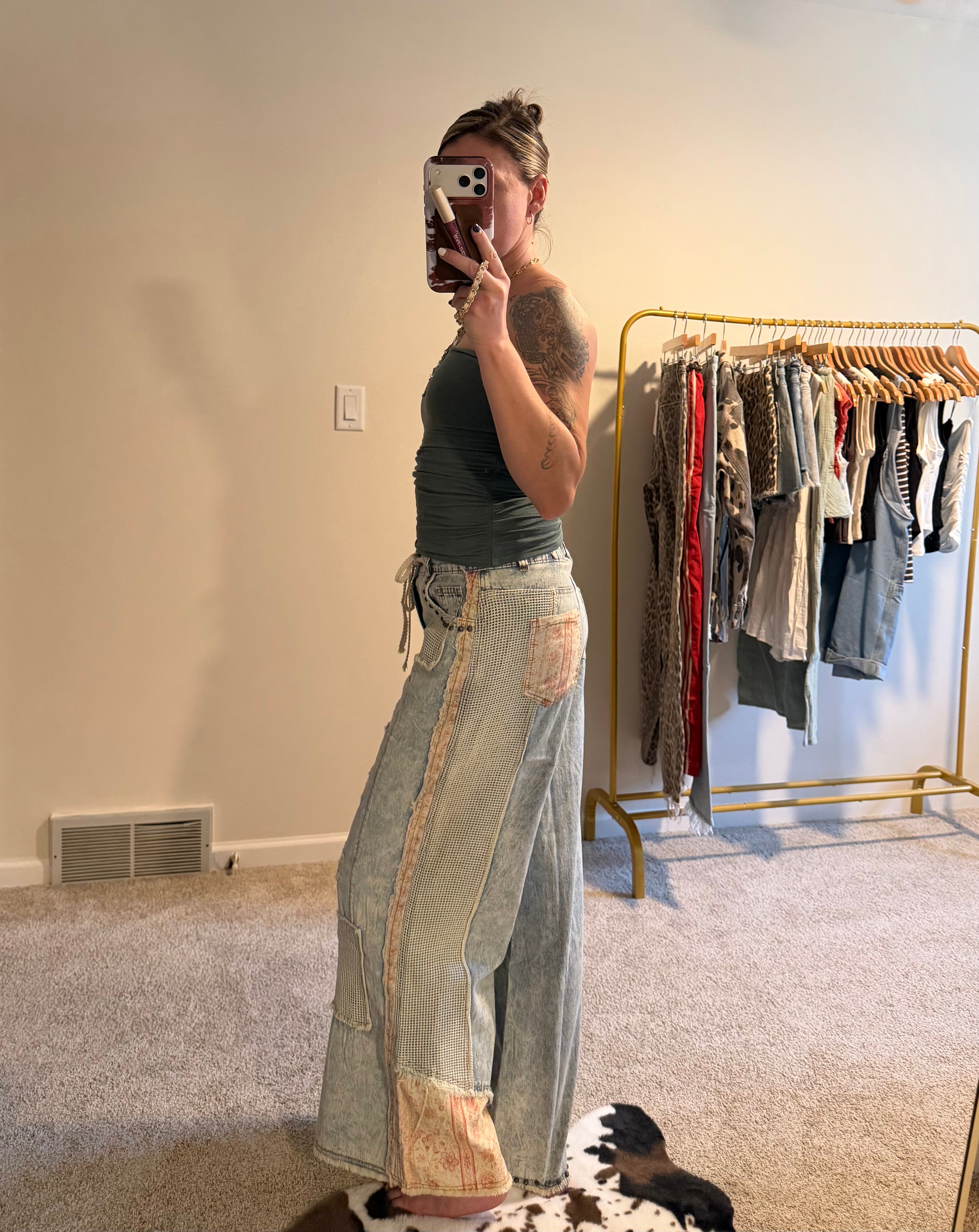 Stud Detail Woven Patchwork Denim Pants