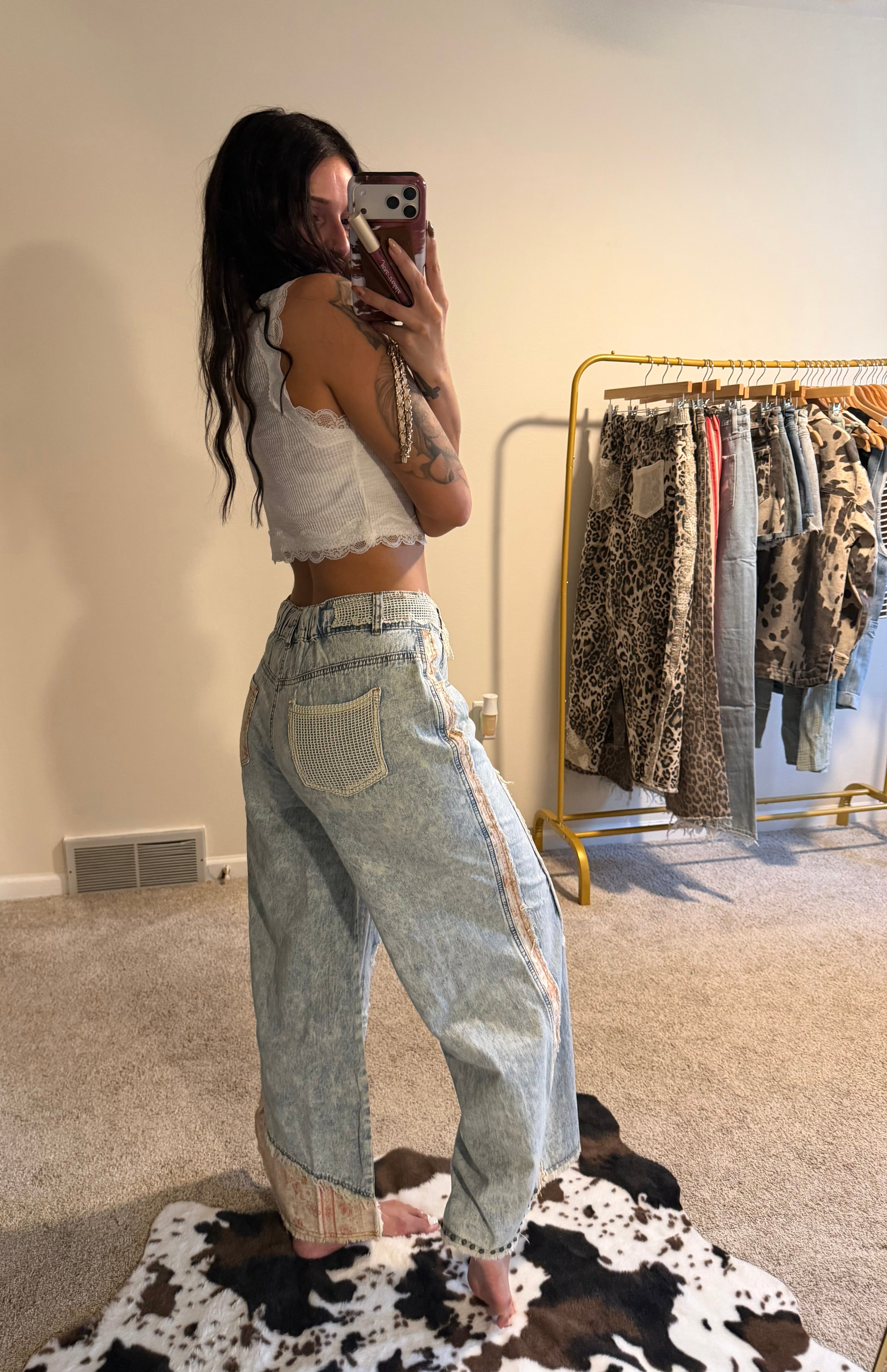 Stud Detail Woven Patchwork Denim Pants
