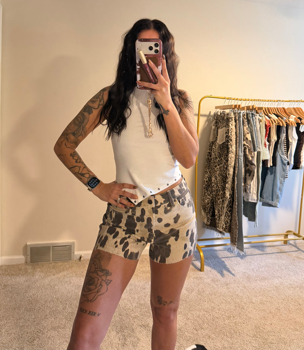 Hidden Jeans Wild West Cow Print Denim Shorts