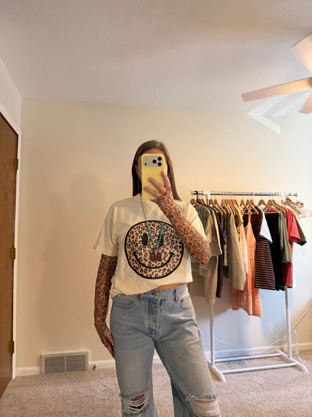 Leopard Thumbhole Sheer Lace Top