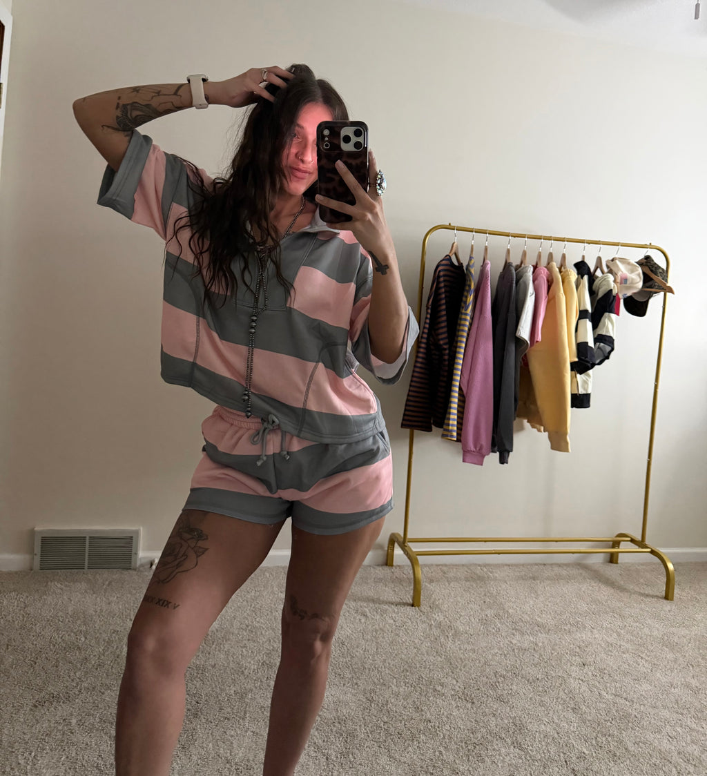 Vintage Striped Front-Zip Top & Shorts Set