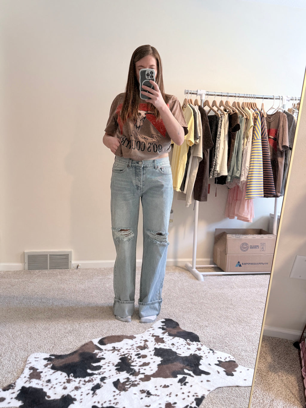 Vintage Fold & Distressed Wide-Leg Jeans