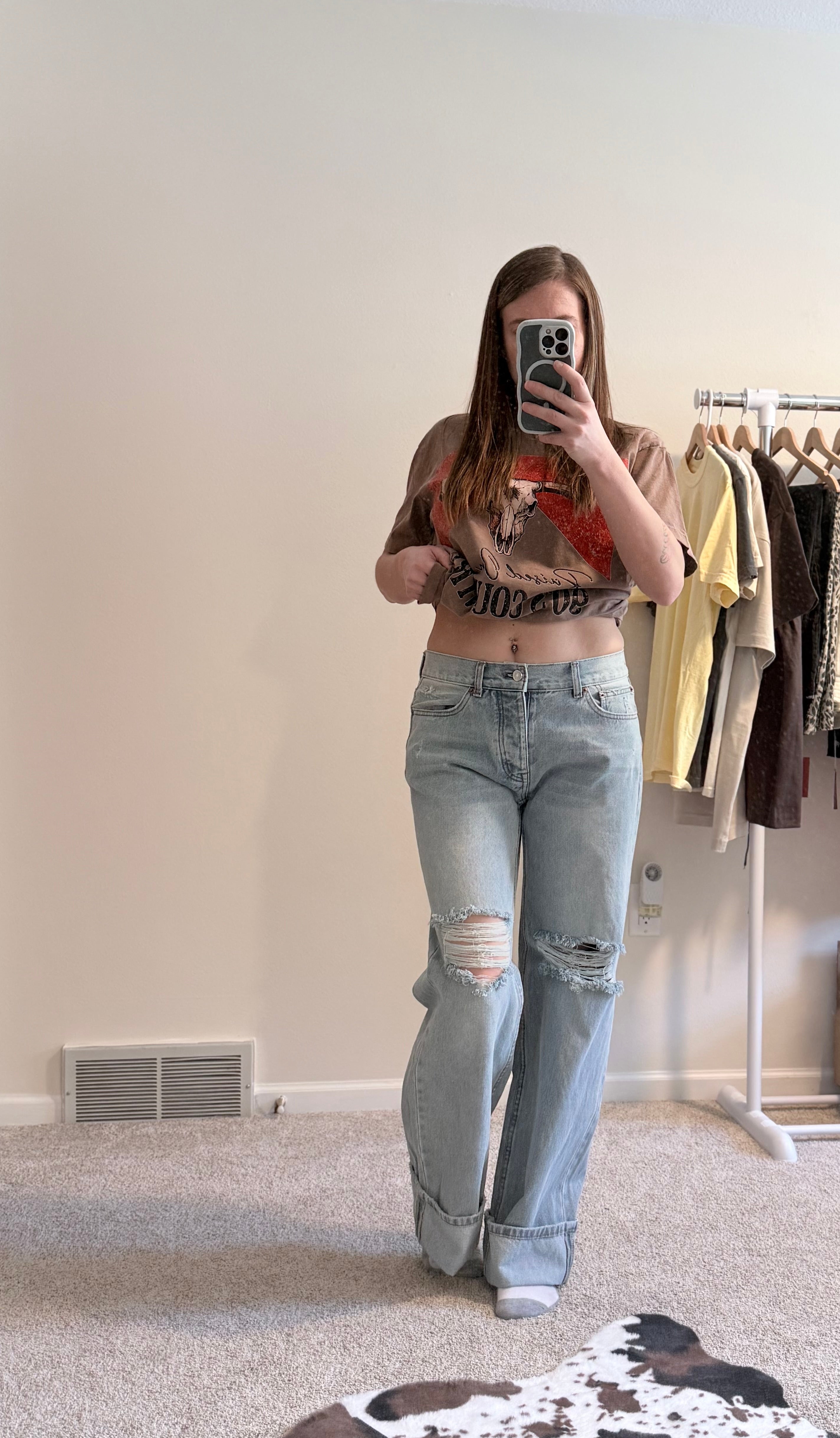 Vintage Fold & Distressed Wide-Leg Jeans