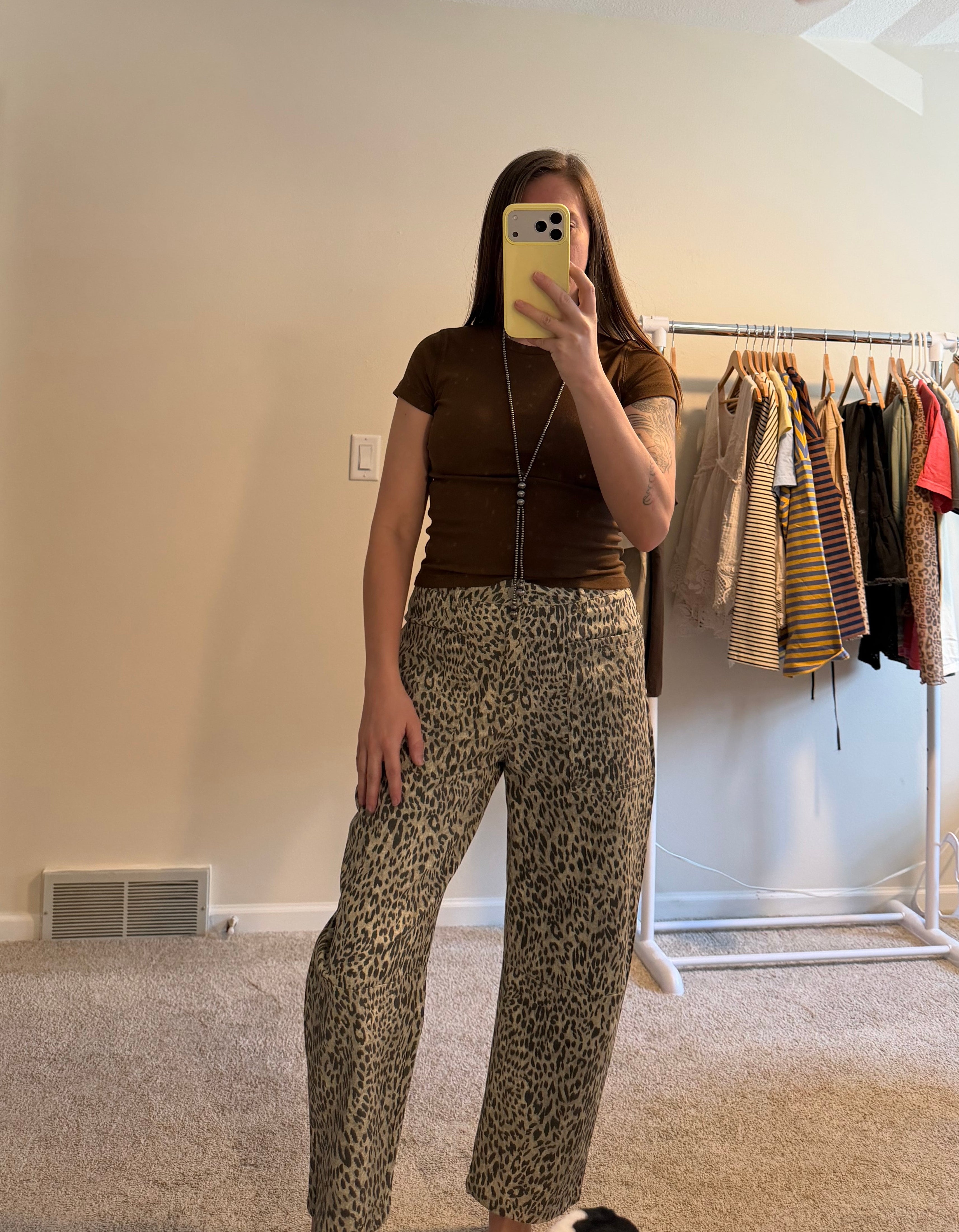 Leopard Print Low-Rise Barrel-Leg Denim