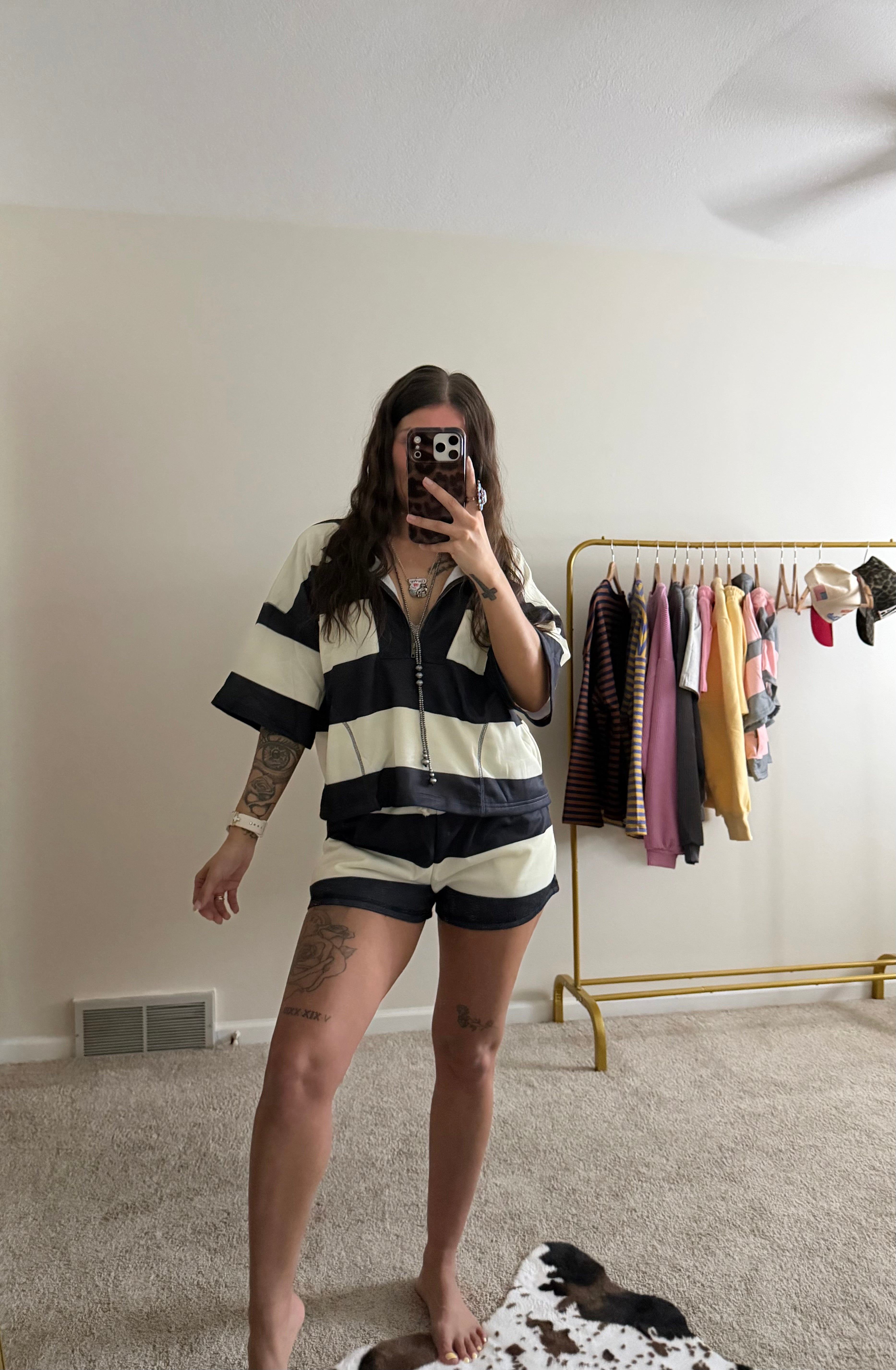 Vintage Striped Front-Zip Top & Shorts Set