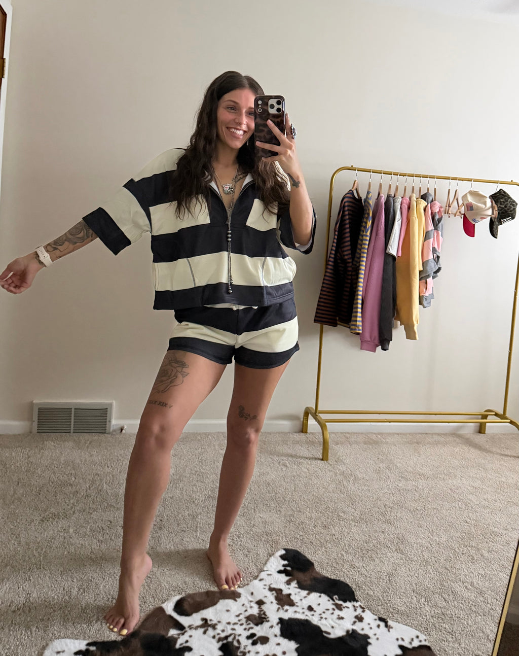 Vintage Striped Front-Zip Top & Shorts Set