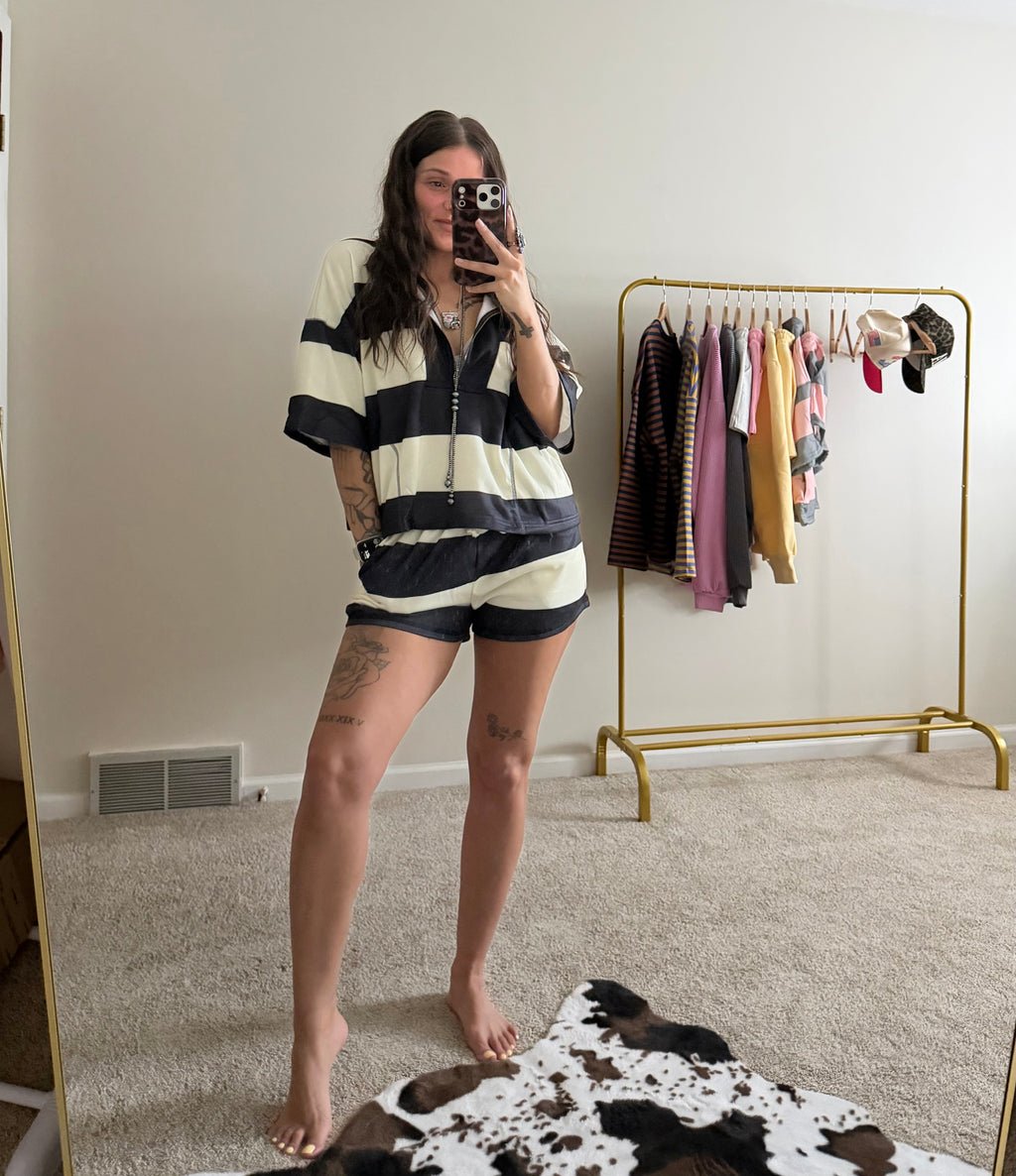 Vintage Striped Front-Zip Top & Shorts Set