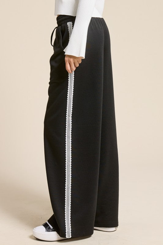 Lace-trim Wide-leg Track Pants with Drawstring