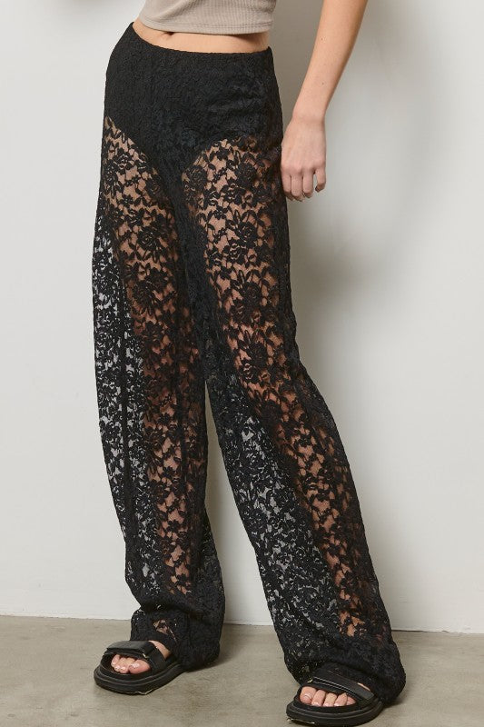Sheer Lace Straight Leg Pants with Lining