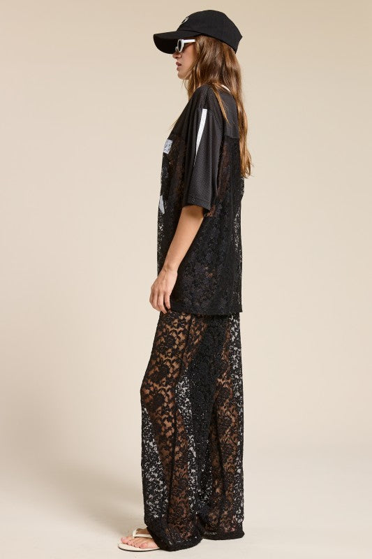 Sheer Lace Straight Leg Pants with Lining