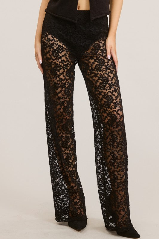 Sheer Lace Straight Leg Pants with Lining