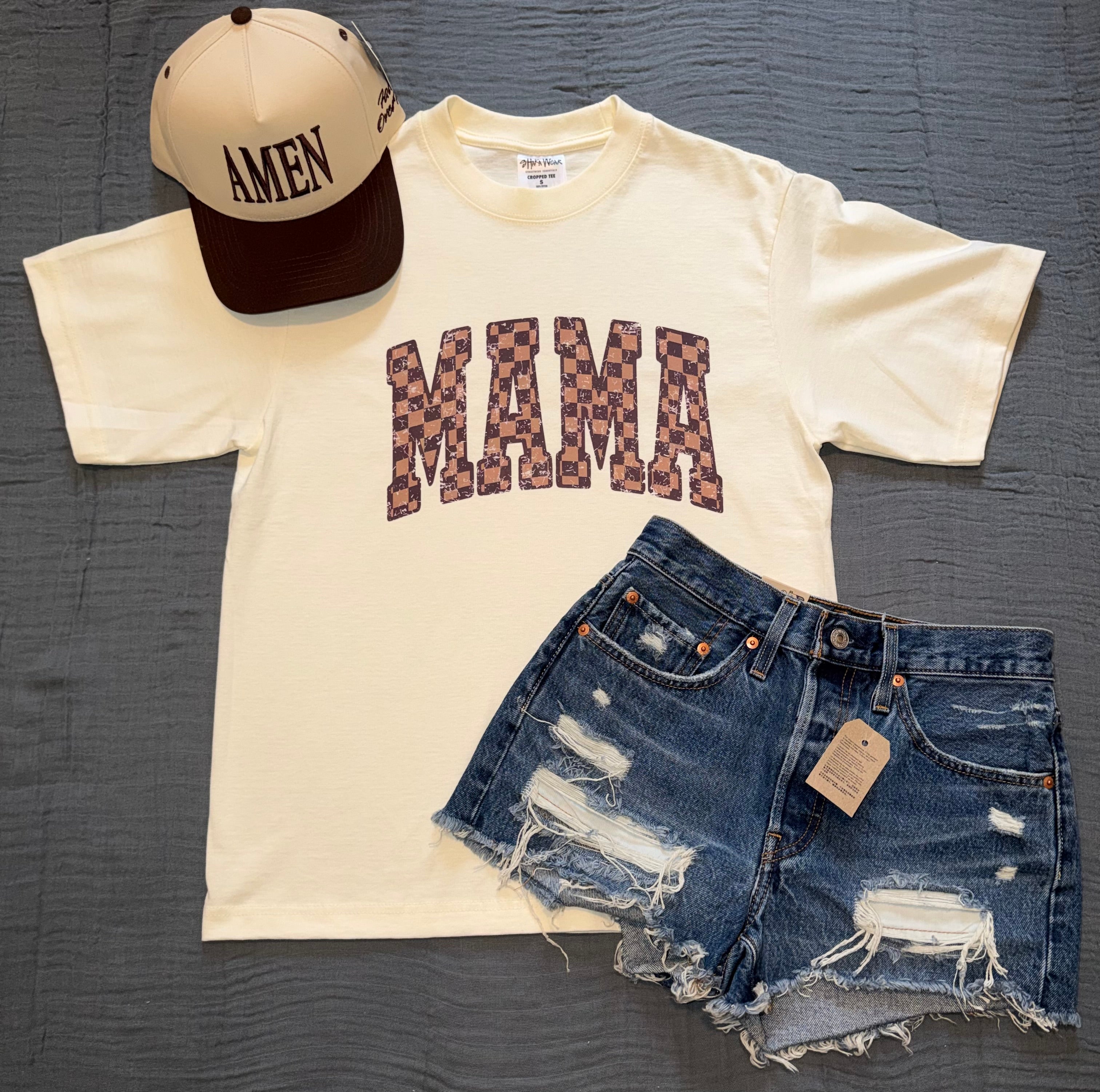 Checkered "MAMA" Cropped Graphic Tee