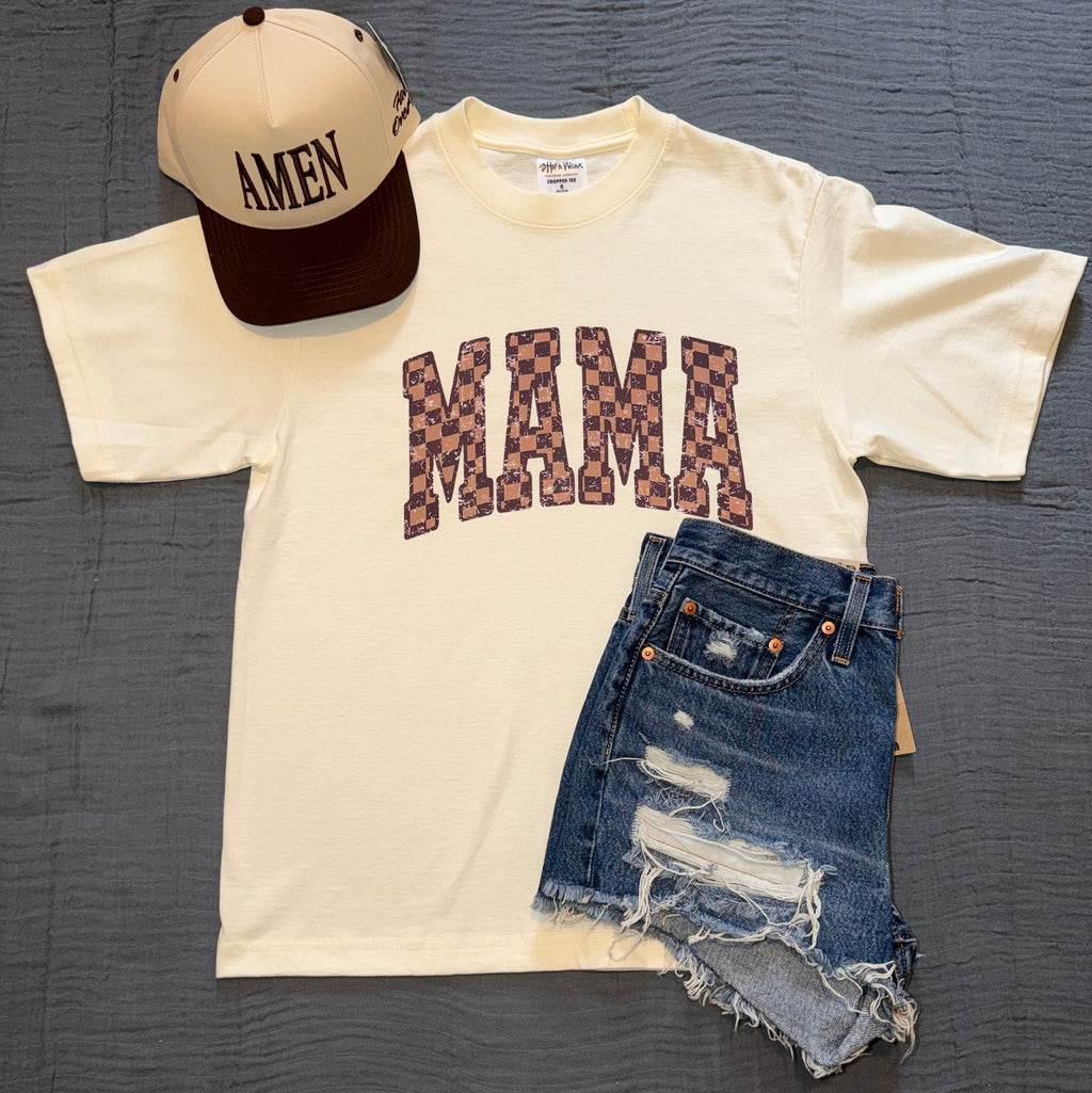 Checkered "MAMA" Cropped Graphic Tee