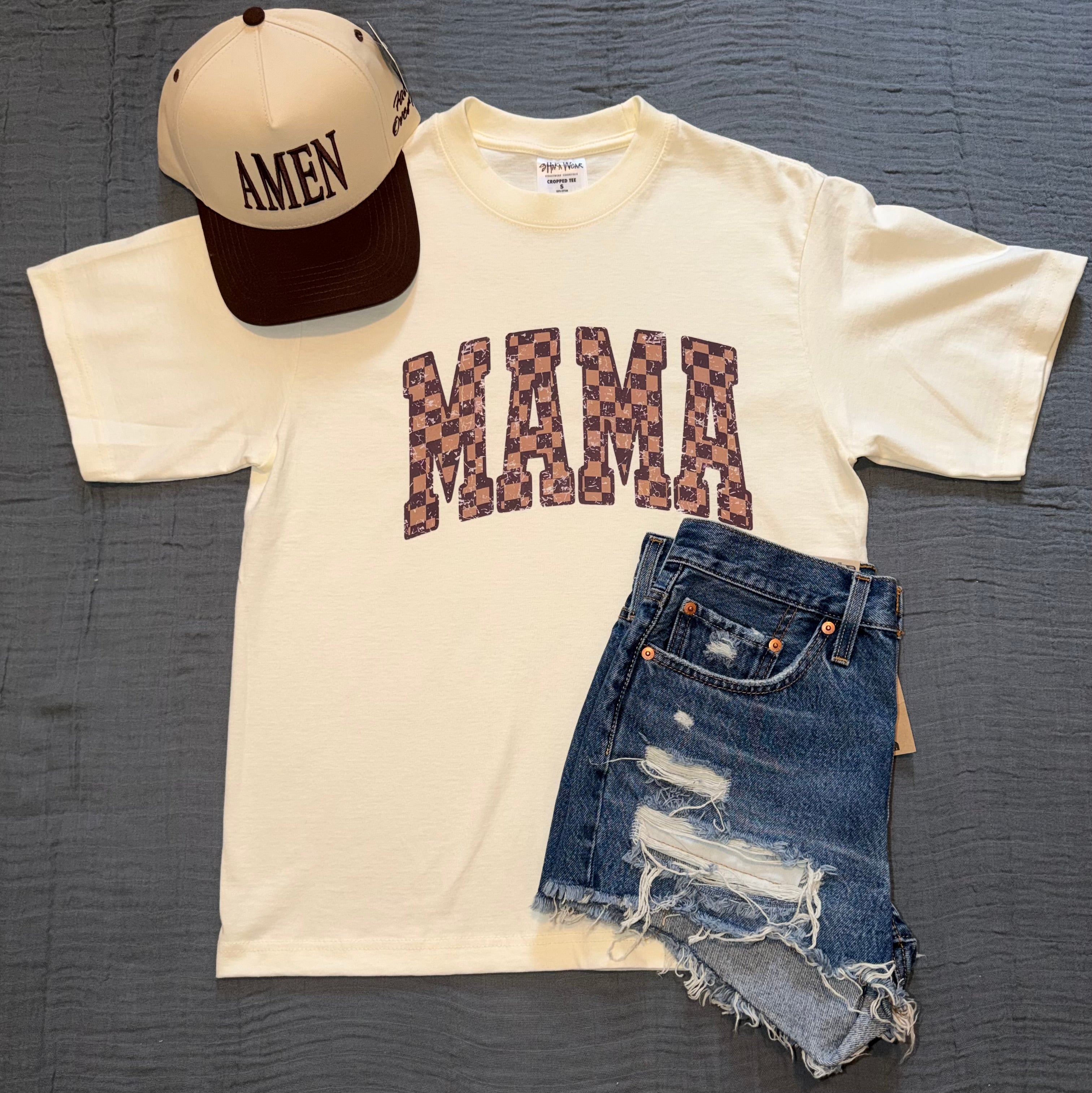 Checkered "MAMA" Cropped Graphic Tee