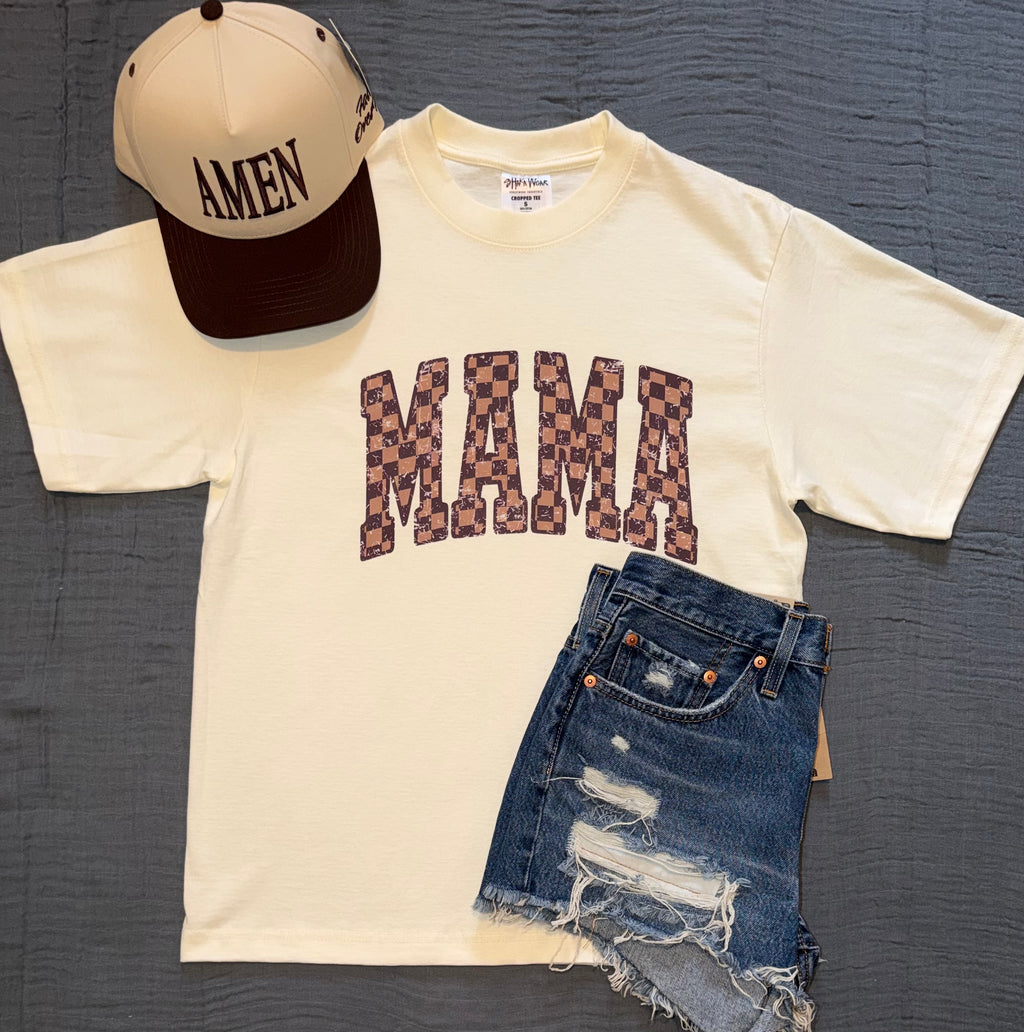 Checkered "MAMA" Cropped Graphic Tee
