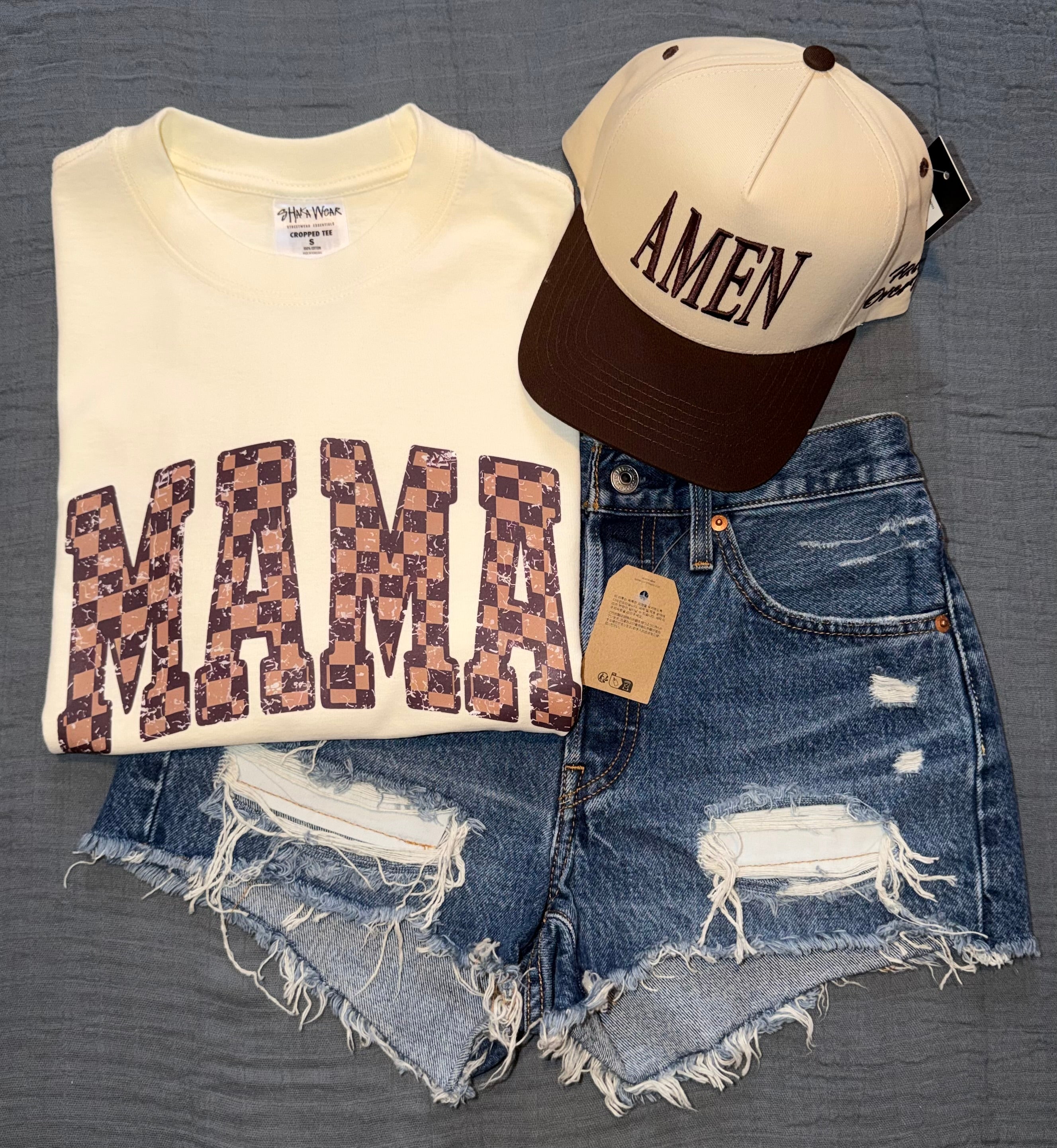 Checkered "MAMA" Cropped Graphic Tee