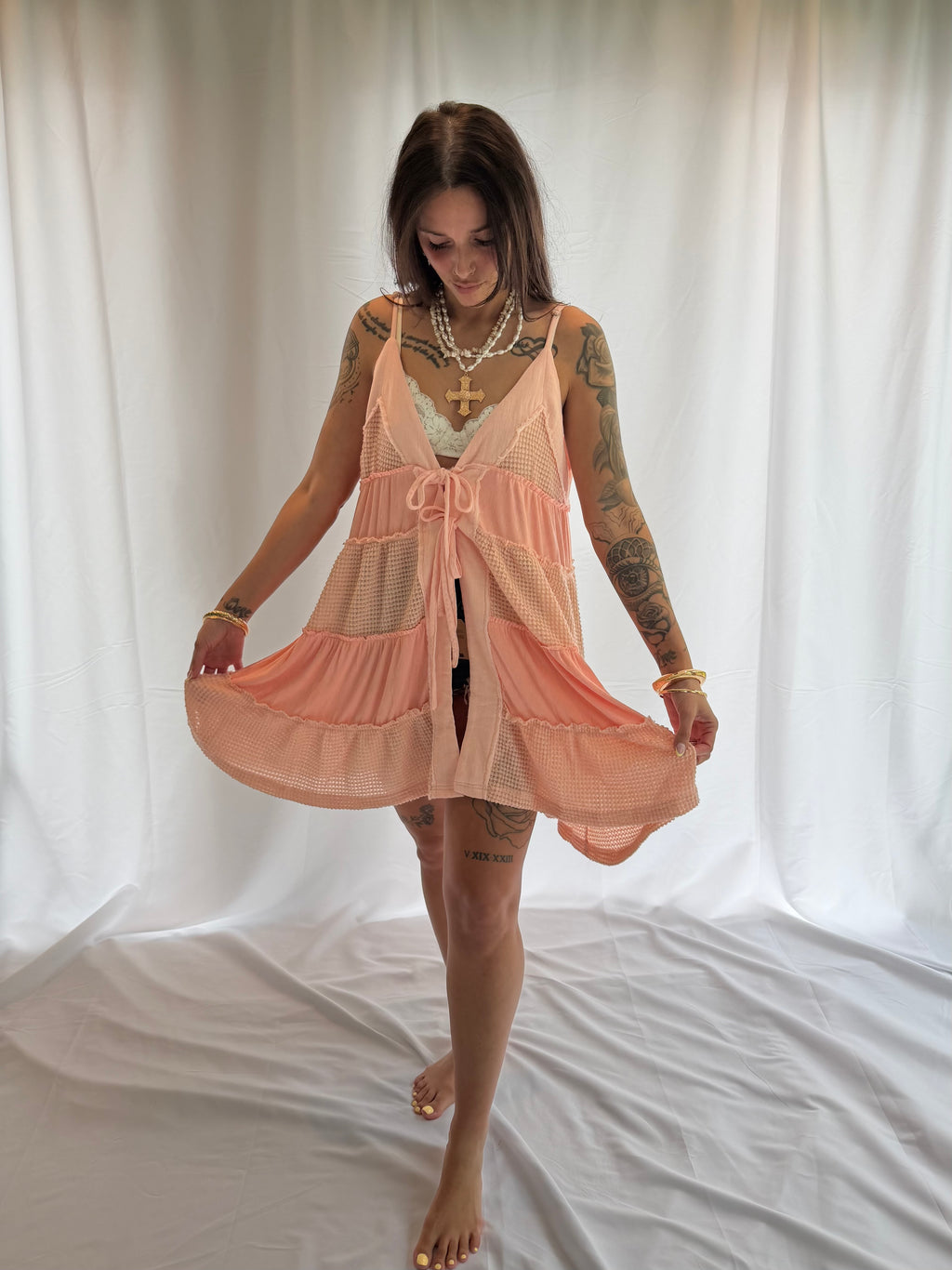 Lace Patchwork Tiered Tie-Front Overlay