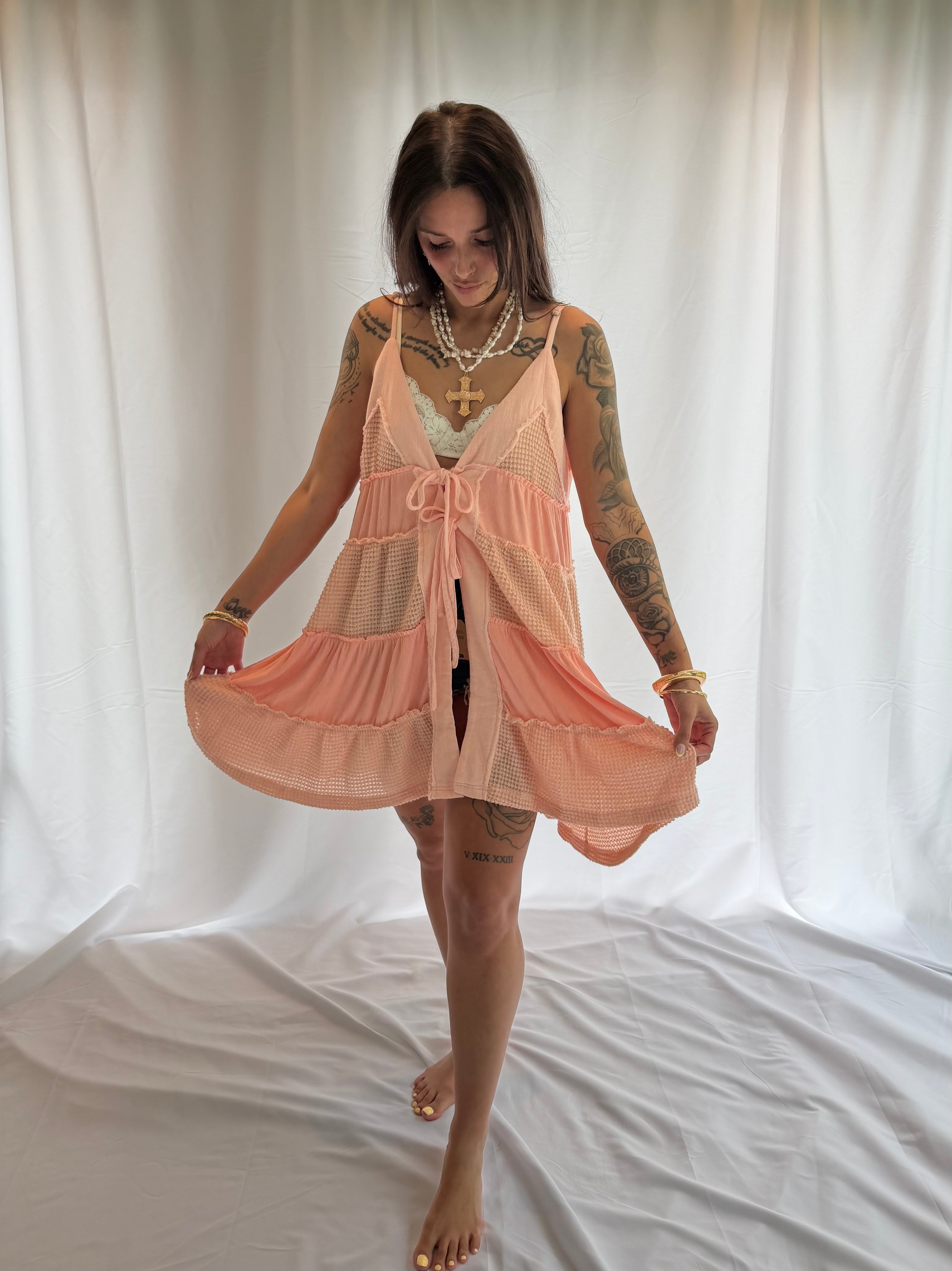 Lace Patchwork Tiered Tie-Front Overlay