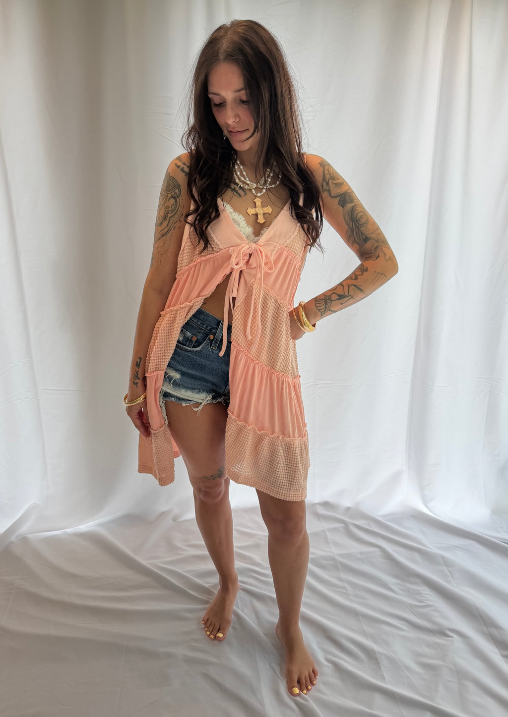 Lace Patchwork Tiered Tie-Front Overlay