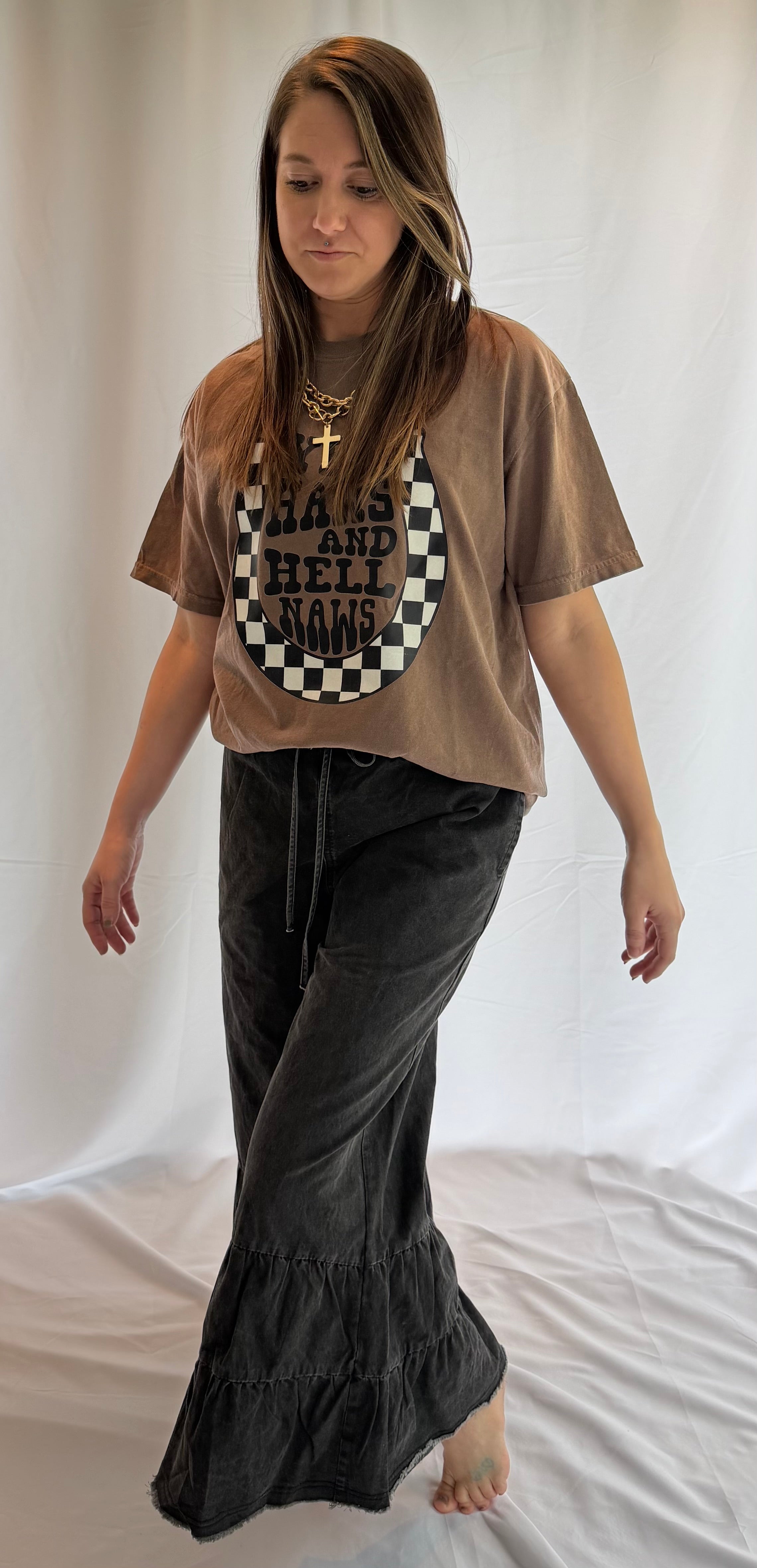 Stone Washed Woven Tiered Ruffle Wide Leg Pants