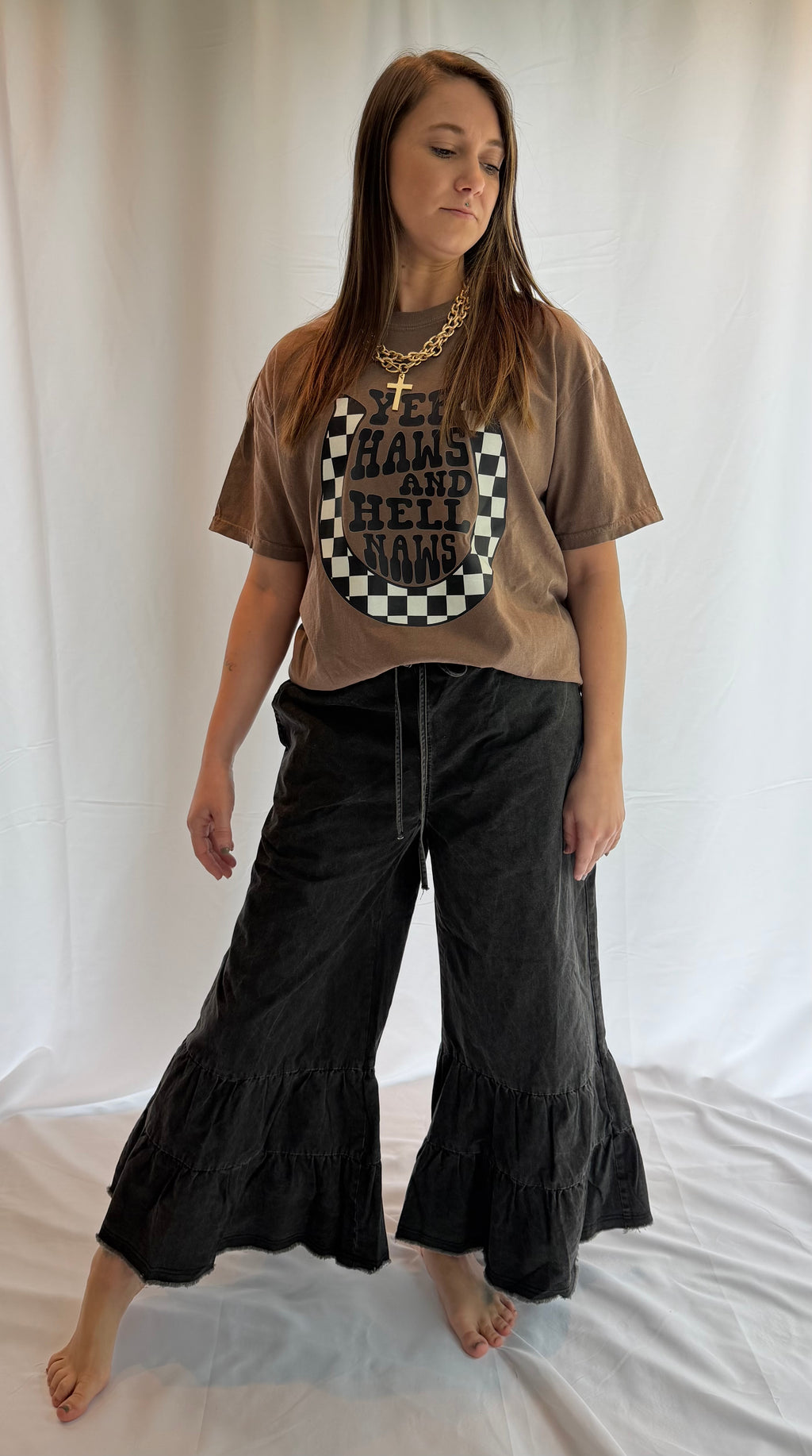 Stone Washed Woven Tiered Ruffle Wide Leg Pants