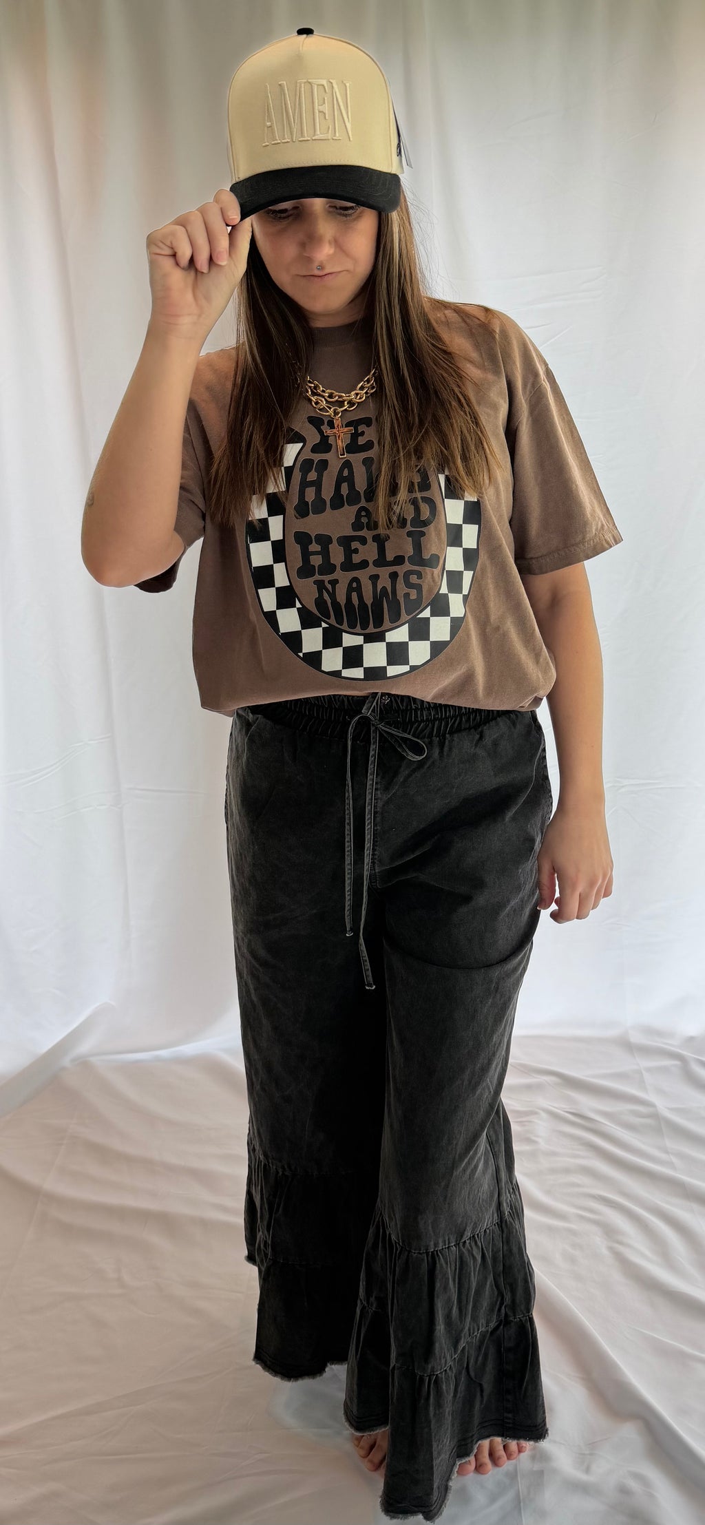Stone Washed Woven Tiered Ruffle Wide Leg Pants