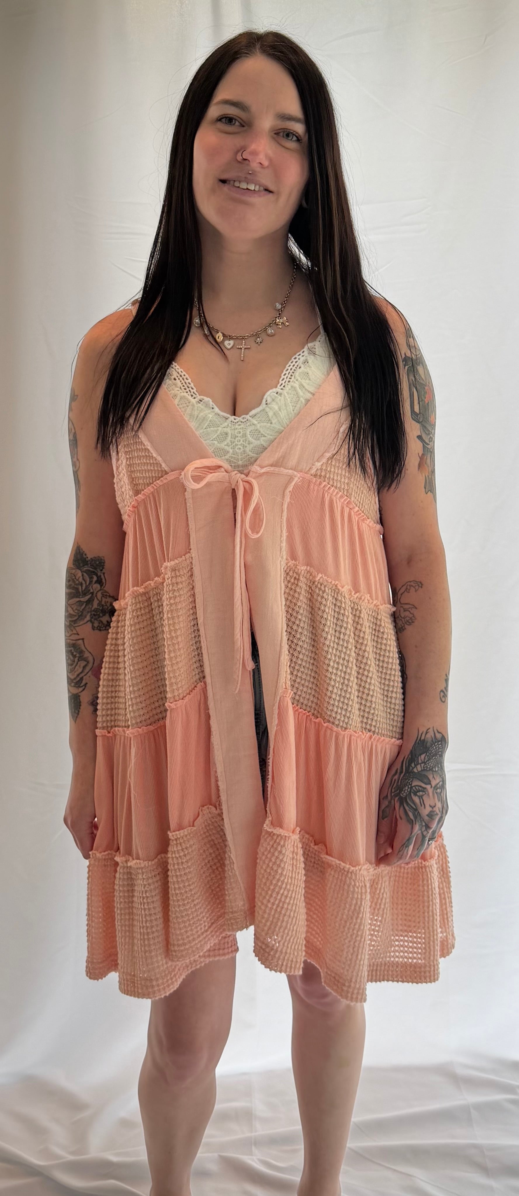 Lace Patchwork Tiered Tie-Front Overlay
