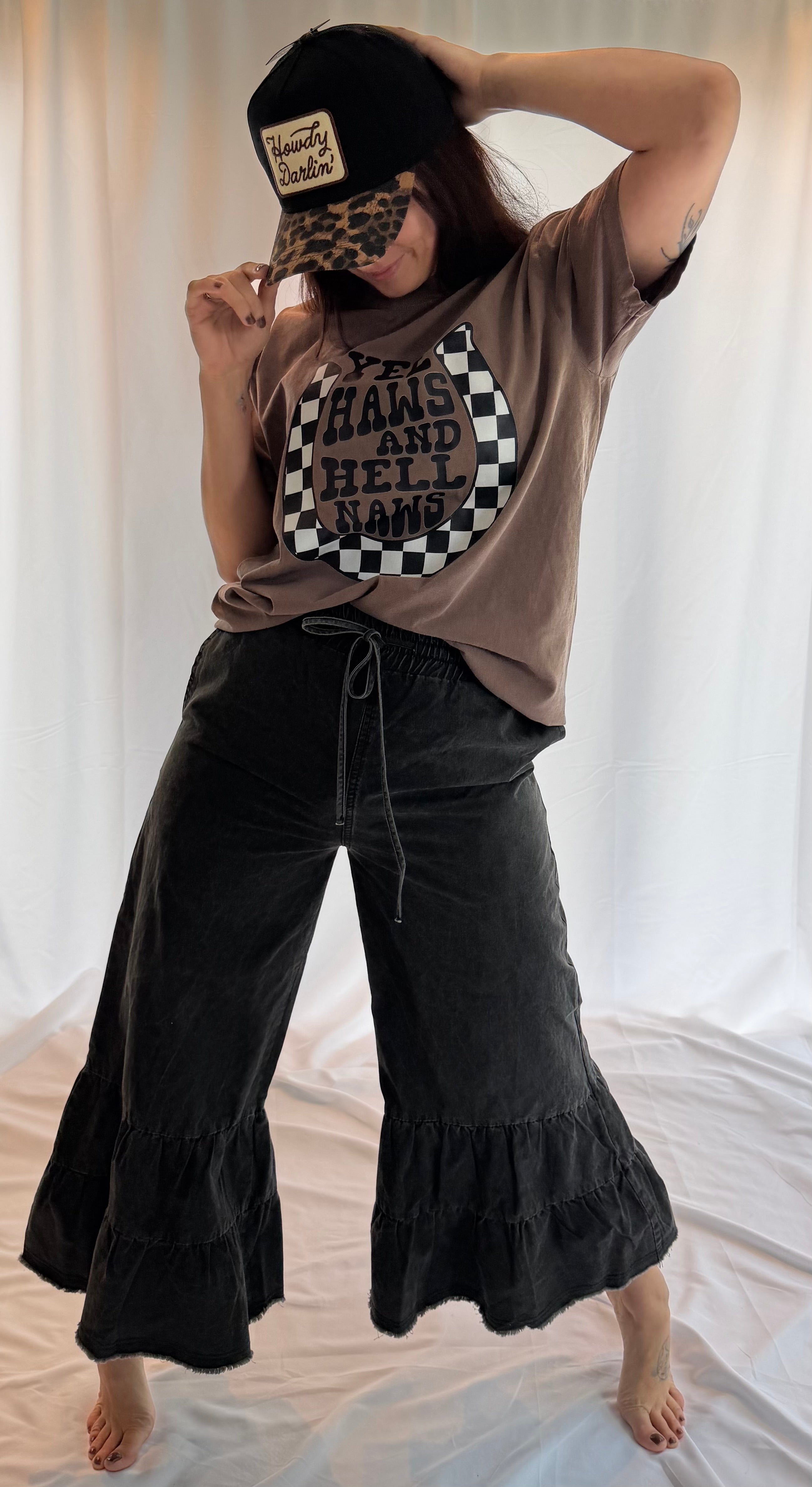 Stone Washed Woven Tiered Ruffle Wide Leg Pants