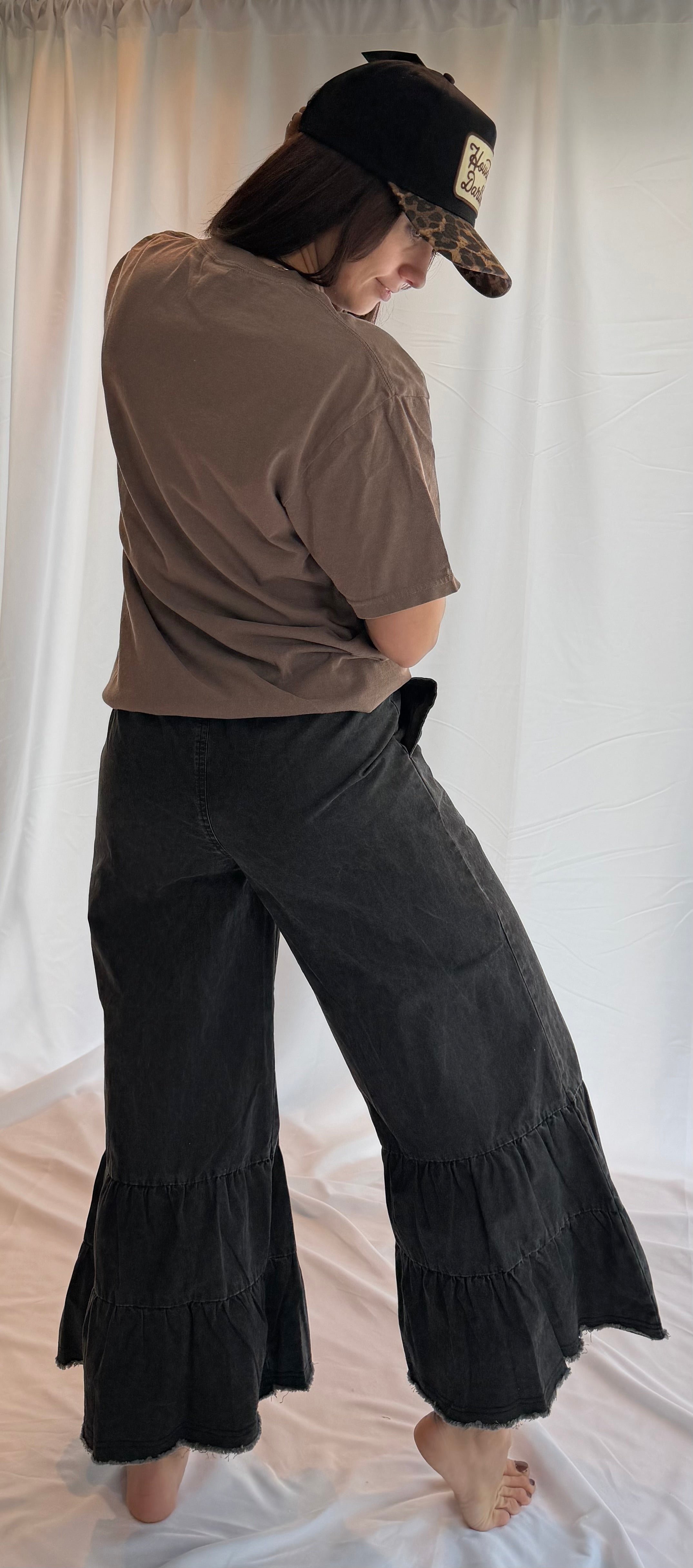 Stone Washed Woven Tiered Ruffle Wide Leg Pants