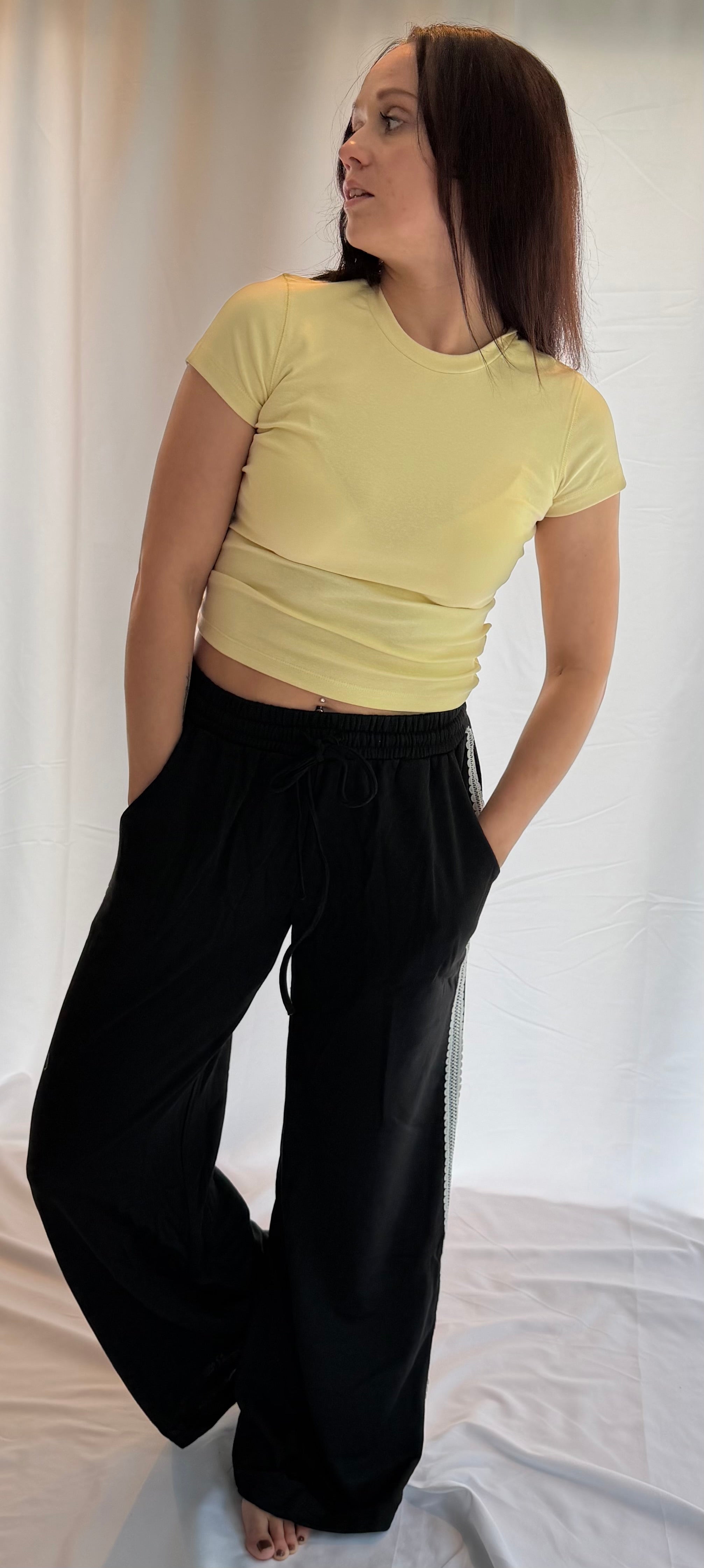 Lace-trim Wide-leg Track Pants with Drawstring